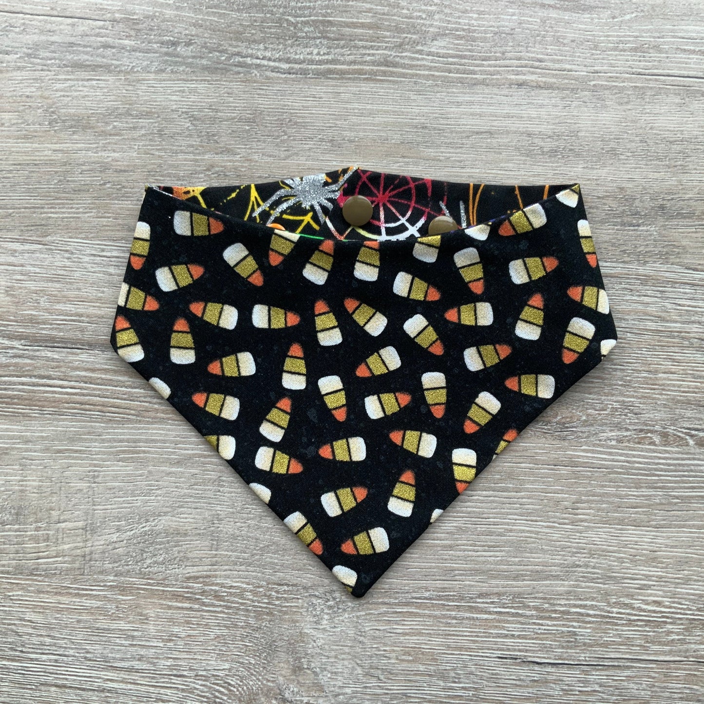 Halloween Dog Bandana, Candy Corn Spider Web, Snap-On Puppy Bandana