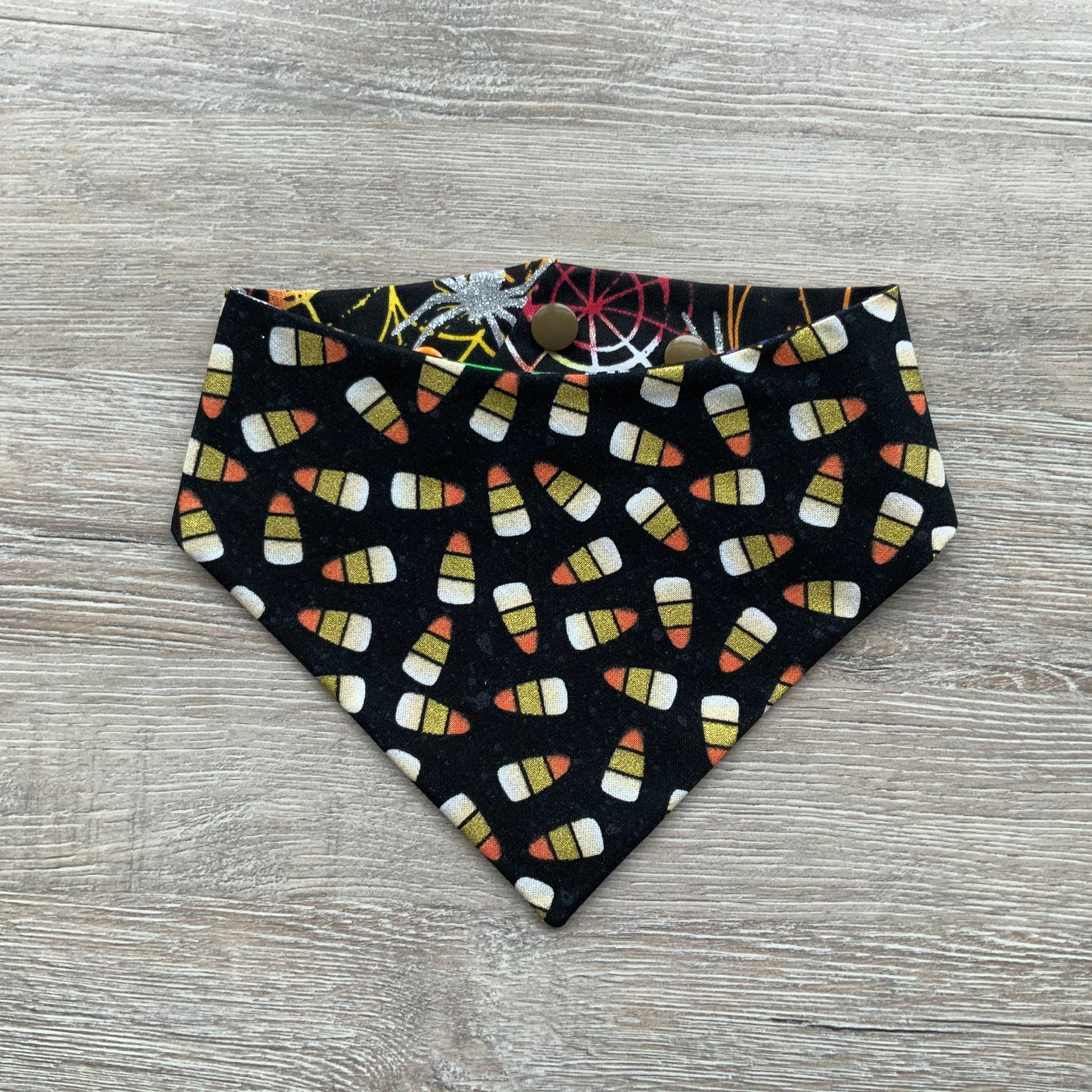 Halloween Dog Bandana, Candy Corn Spider Web, Snap-On Puppy Bandana