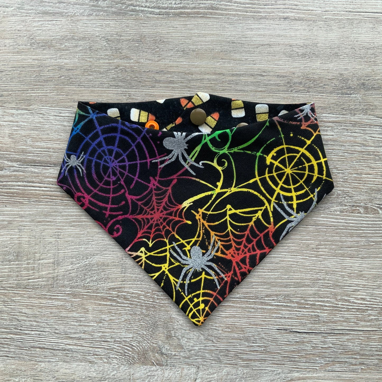 Halloween Dog Bandana, Candy Corn Spider Web, Snap-On Puppy Bandana