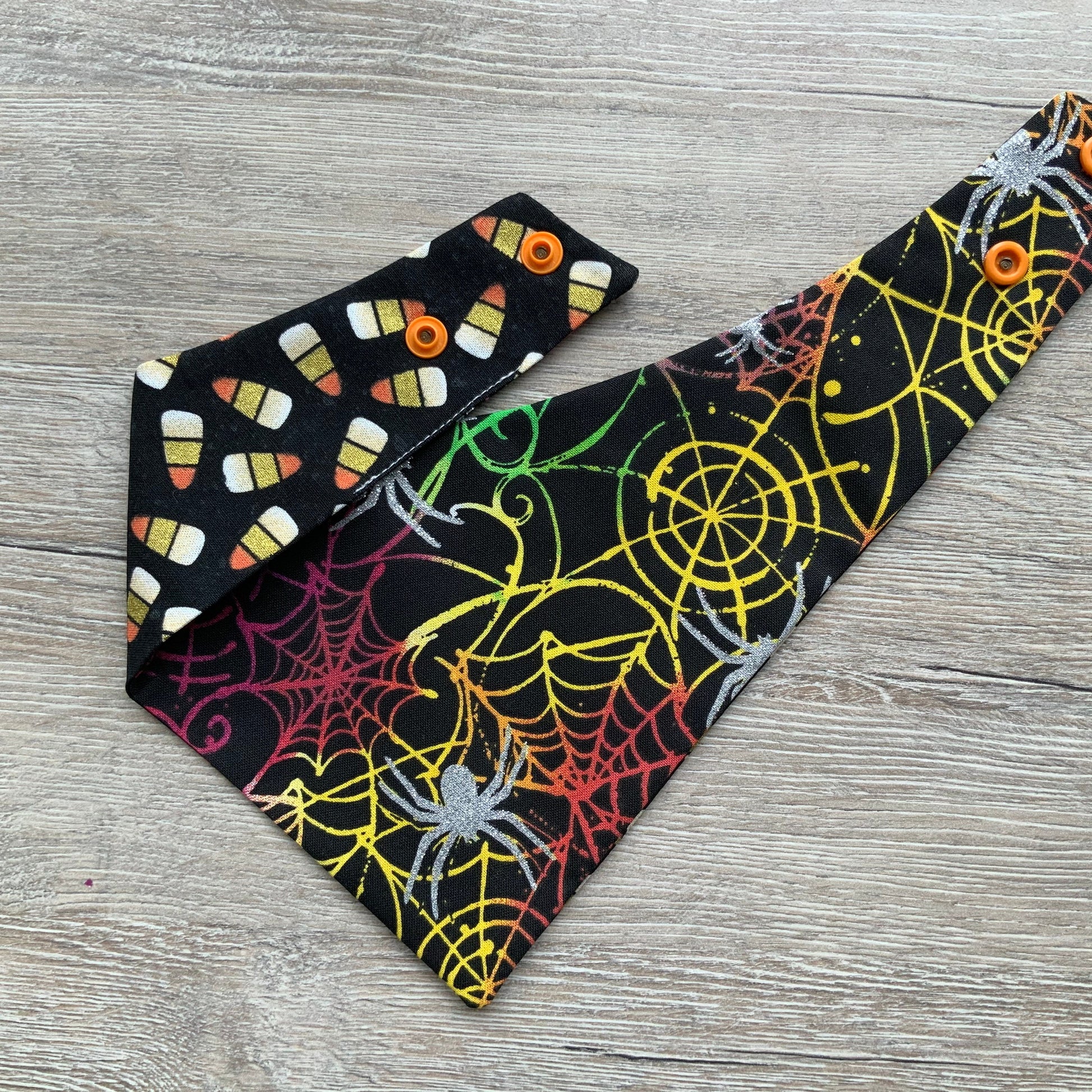 Halloween Dog Bandana, Candy Corn Spider Web, Snap-On Puppy Bandana