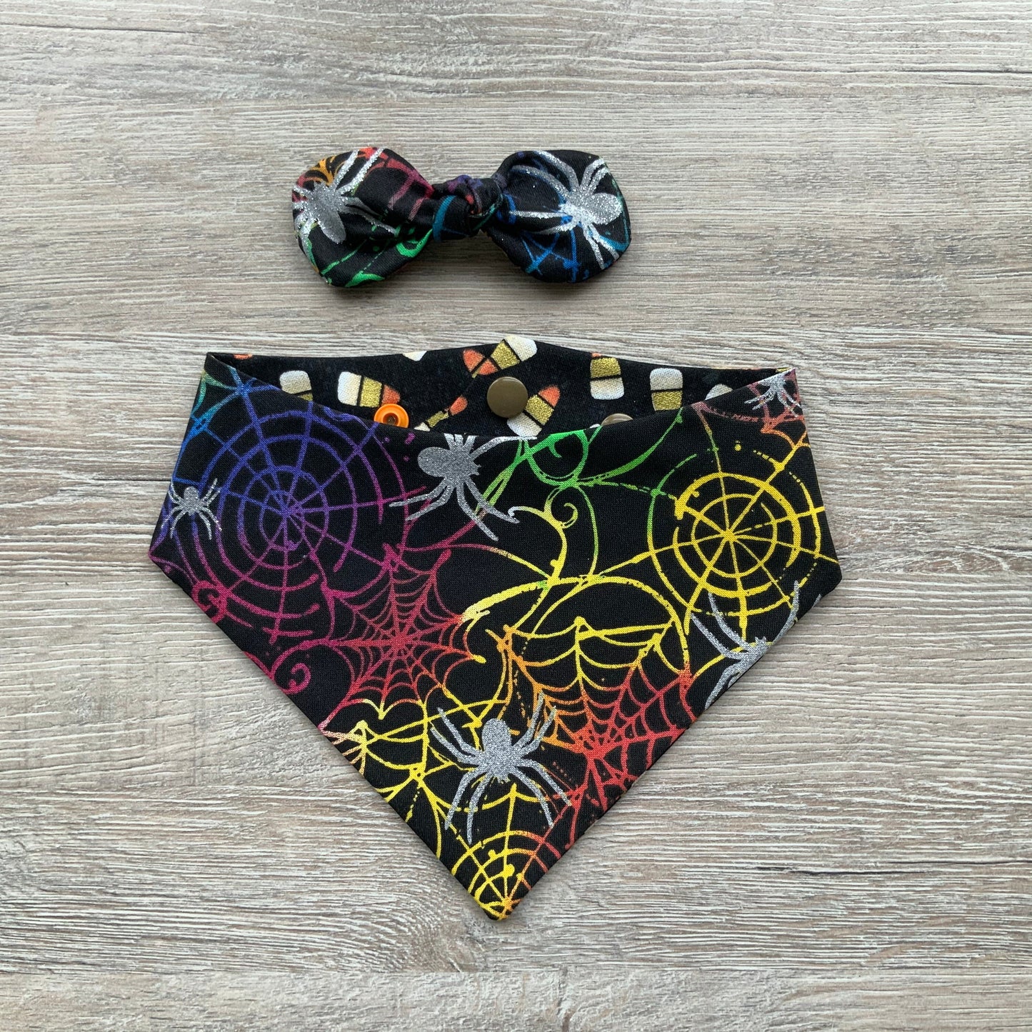 Halloween Dog Bandana, Candy Corn Spider Web, Snap-On Puppy Bandana
