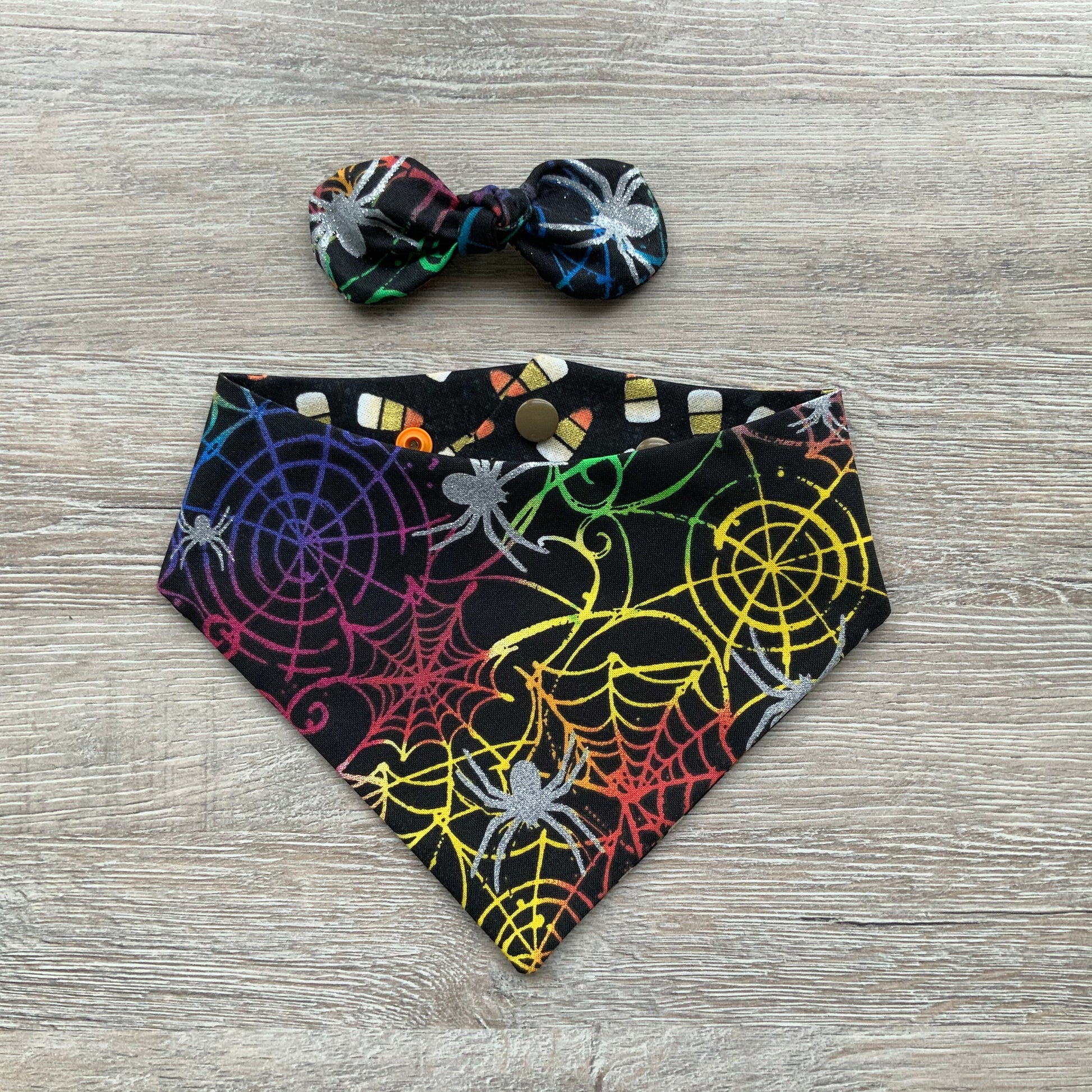 Halloween Dog Bandana, Candy Corn Spider Web, Snap-On Puppy Bandana