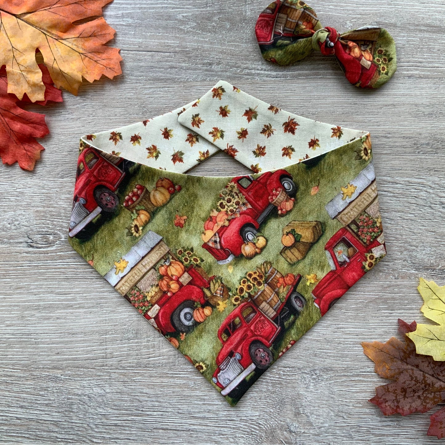Autumn Trucks Dog Bandana, Fall Puppy Bandana, Reversible Snap-On