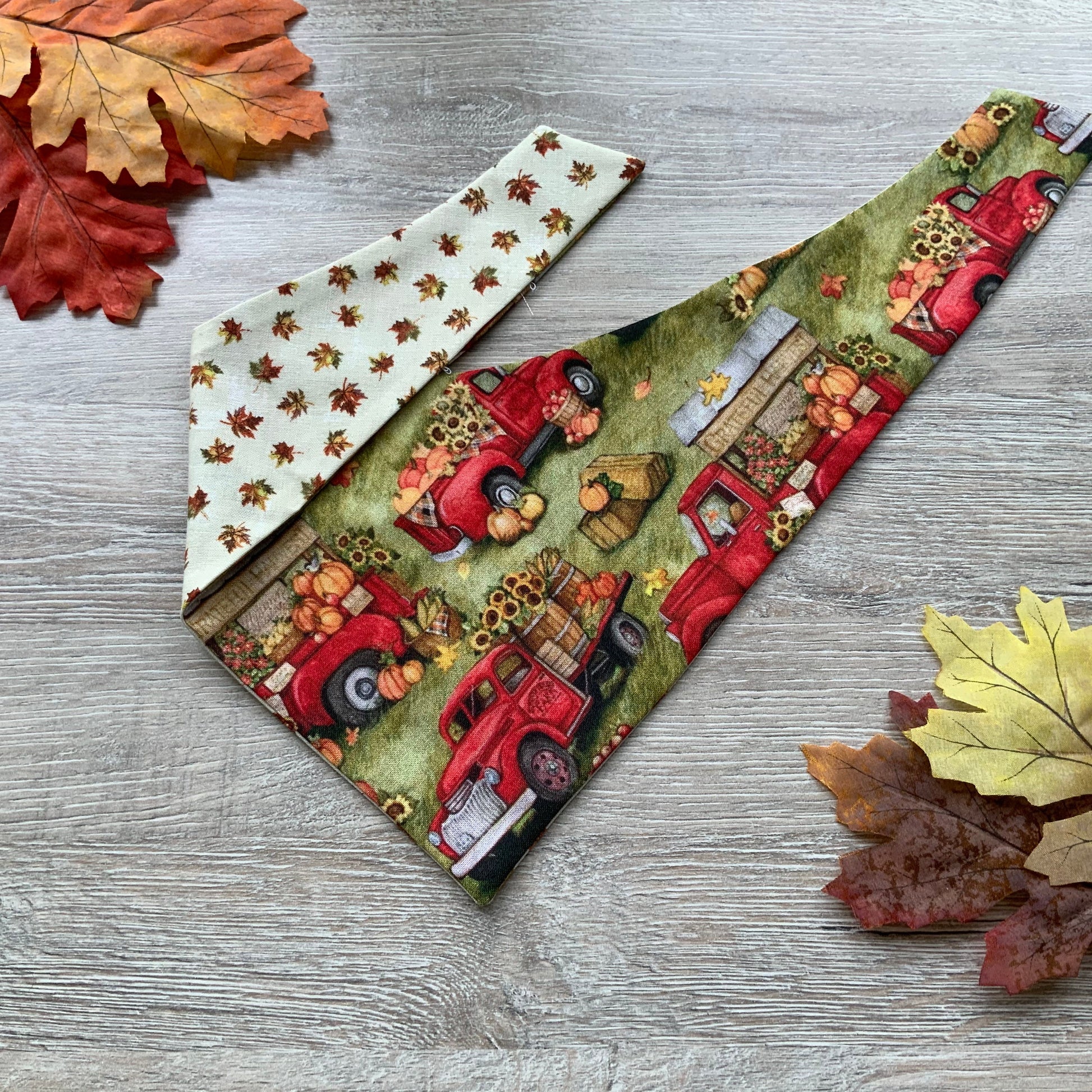 Autumn Trucks Dog Bandana, Fall Puppy Bandana, Reversible Snap-On