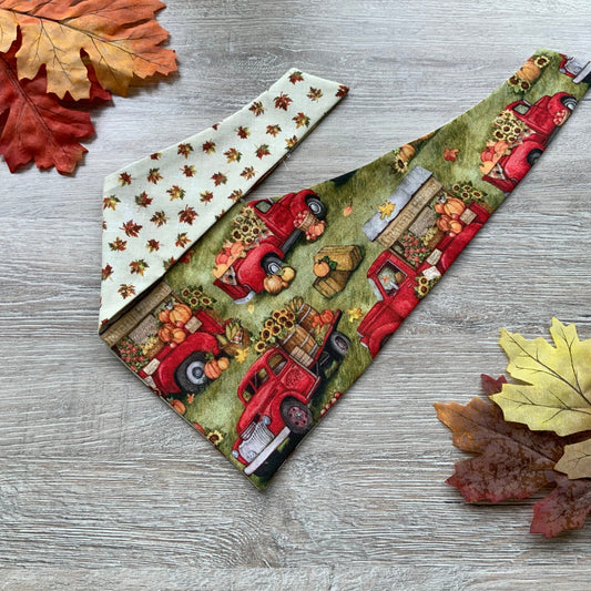Autumn Trucks Dog Bandana, Fall Puppy Bandana, Reversible Snap-On
