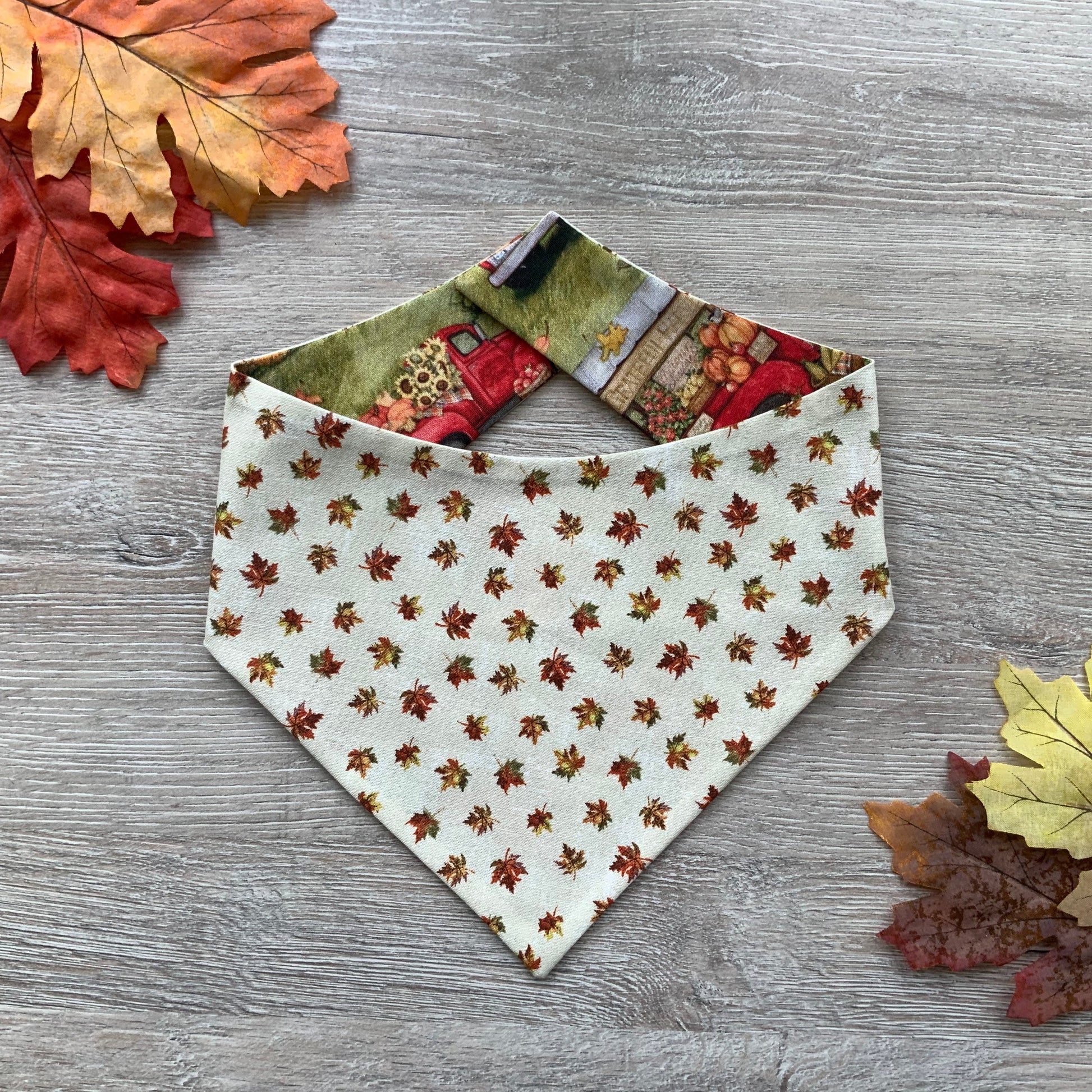 Autumn Trucks Dog Bandana, Fall Puppy Bandana, Reversible Snap-On