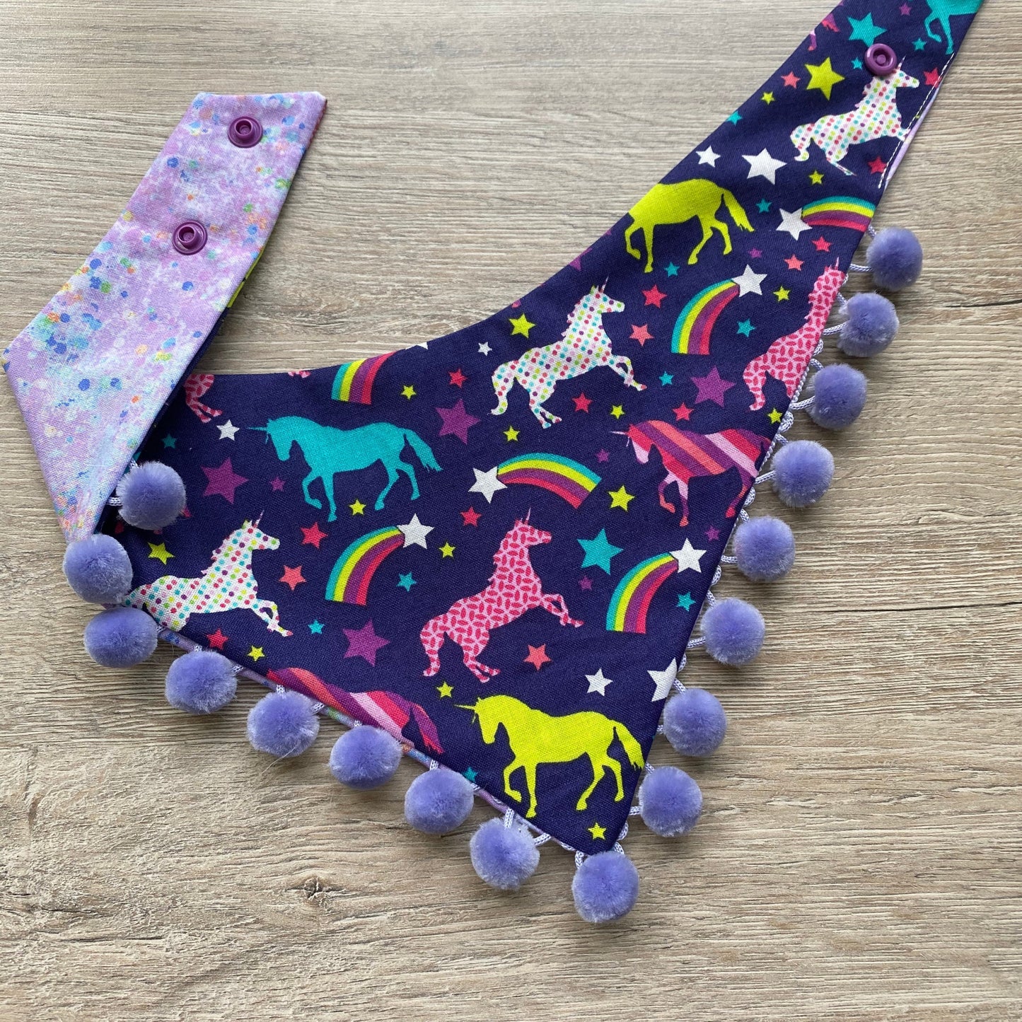 Unicorn Dog Bandana, Reversible Pet Scarf with Pom Poms