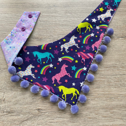 Unicorn Dog Bandana, Reversible Pet Scarf with Pom Poms