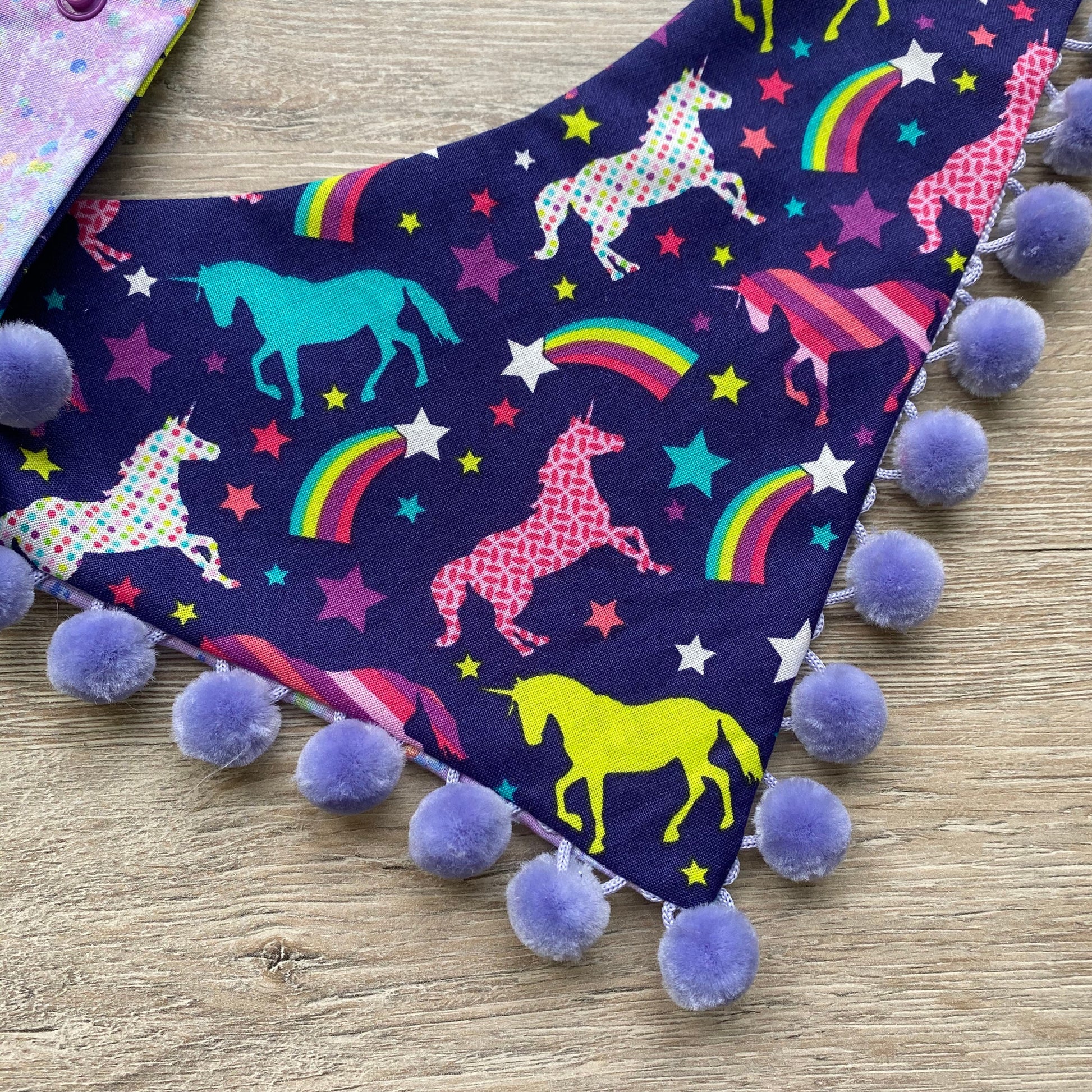 Unicorn Dog Bandana, Reversible Pet Scarf with Pom Poms