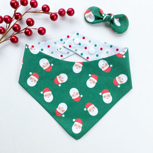 Santa Dog Bandana, Green Christmas, Reversible Snap-On Pet Bandana