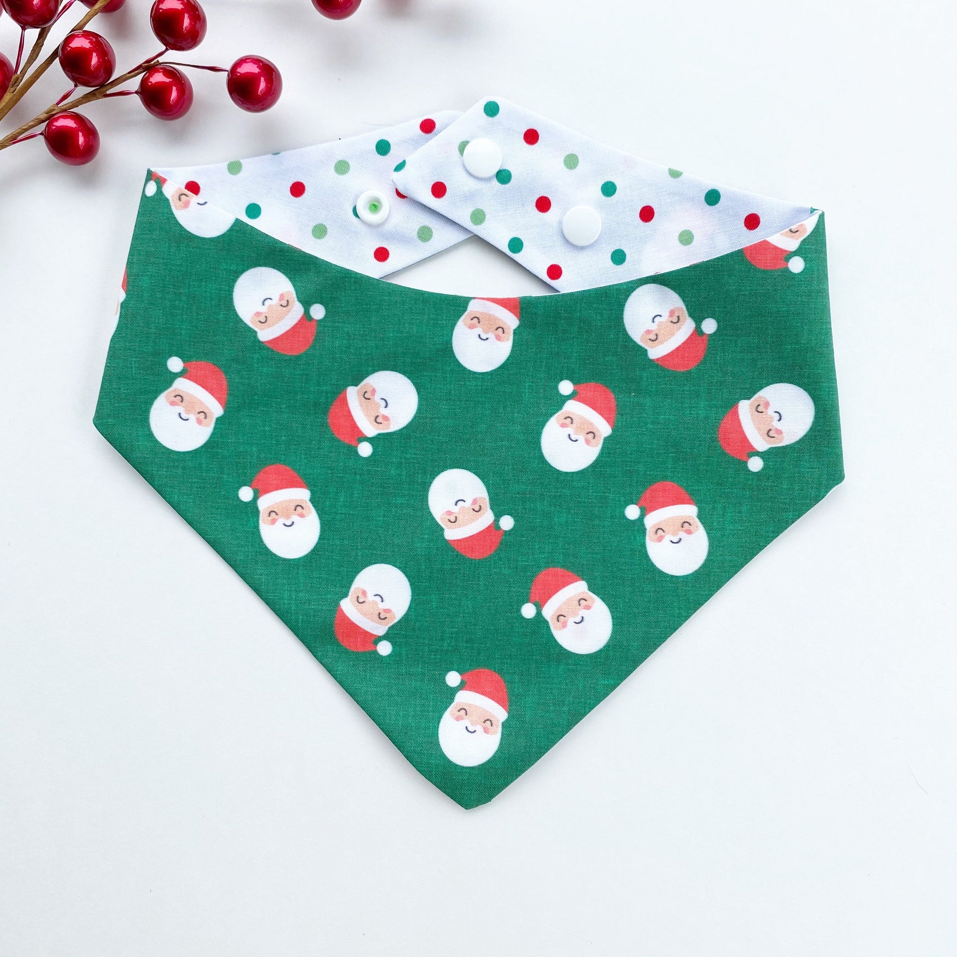 Santa Dog Bandana, Green Christmas, Reversible Snap-On Pet Bandana