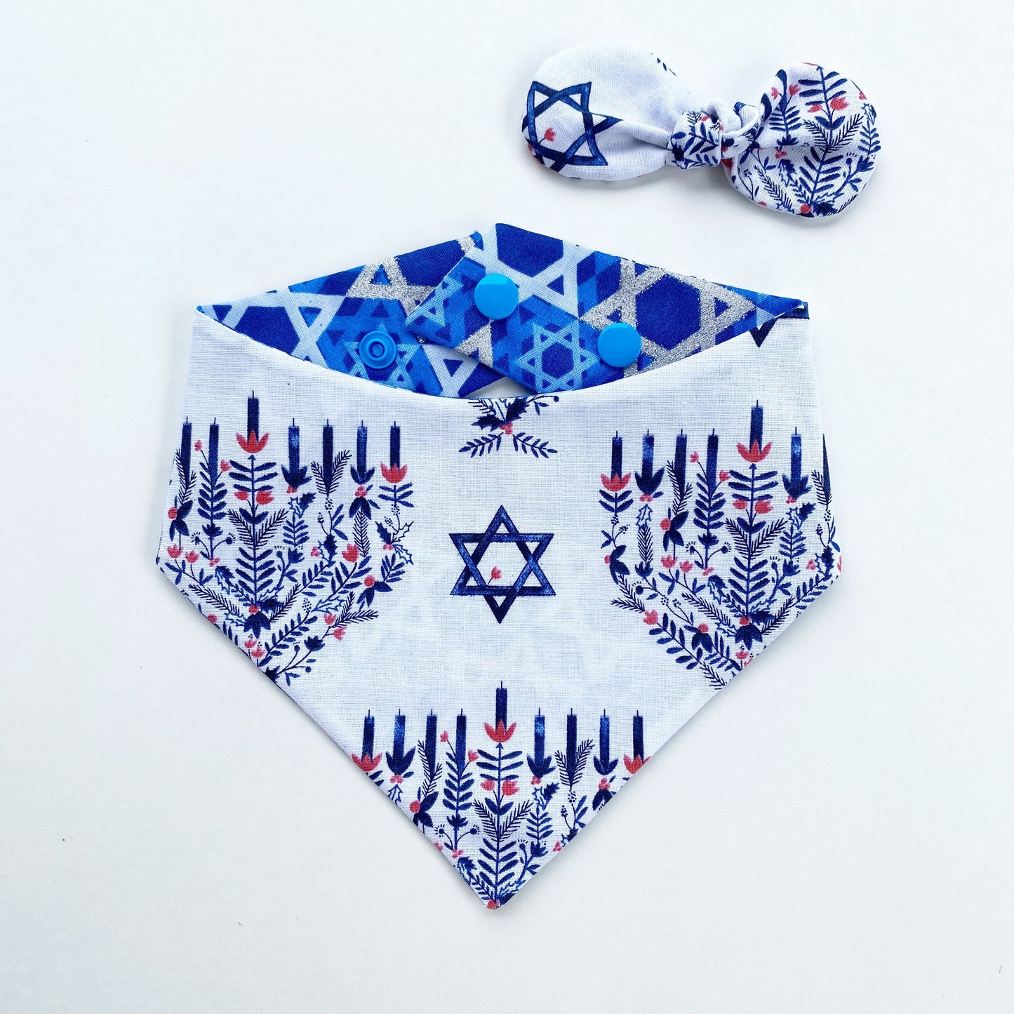 Hanukkah holiday Dog Bandana, Candlelight and star of David, Seasons Dog Bandana, easy snap-on dog bandana, pet accessory, over the collar