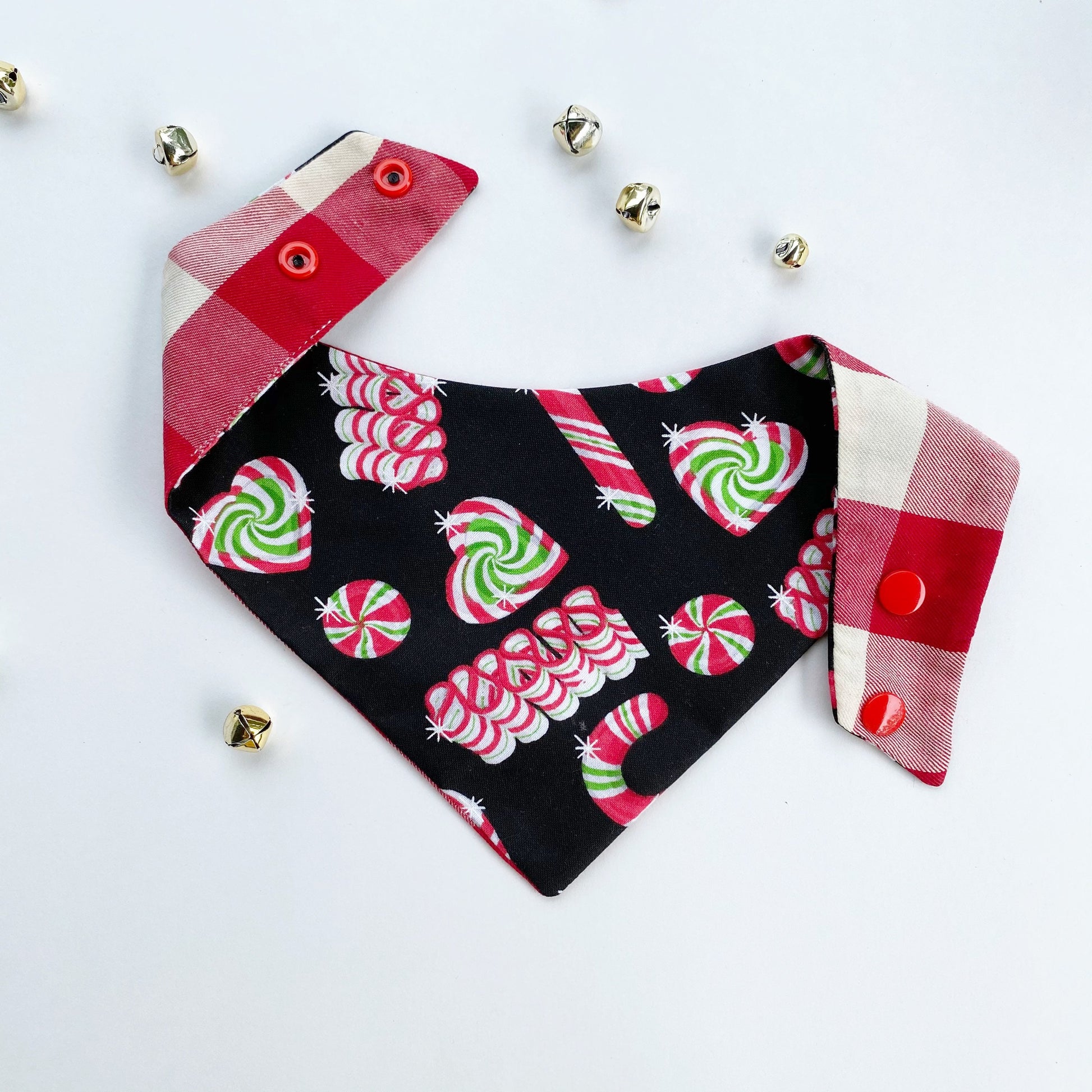 Christmas Candy Dog Bandana, Mint Hearts, Snap-On Pet Accessory