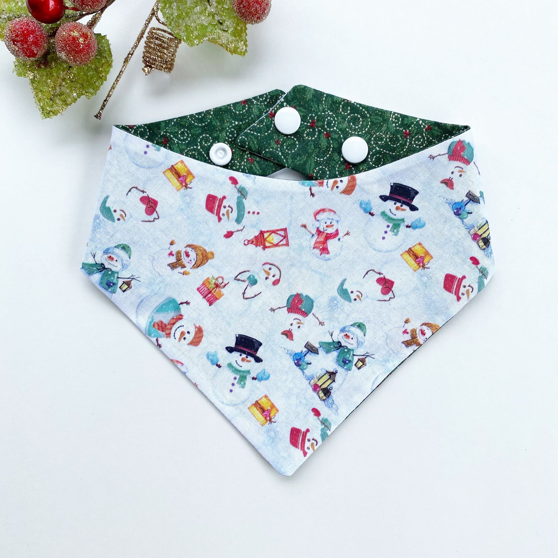 Christmas Dog Bandana, Snowman Print, Snap-On Pet Bandana