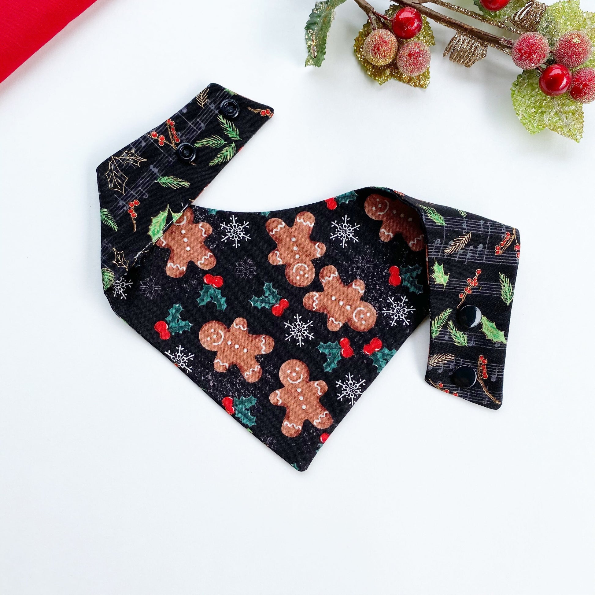 Christmas Gingerbread Dog Bandana, Reversible Snap-On Pet Accessory
