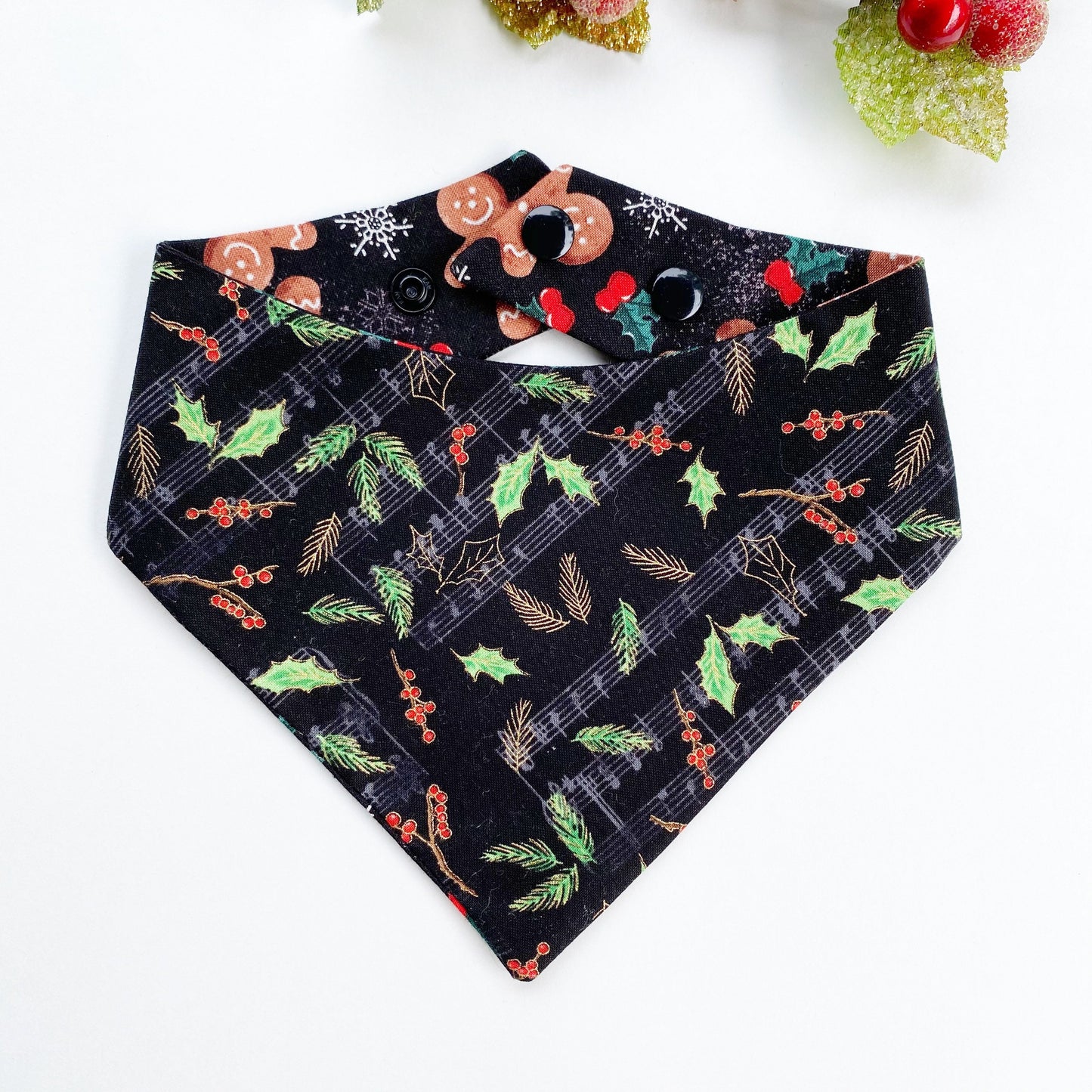 Christmas Gingerbread Dog Bandana, Reversible Snap-On Pet Accessory