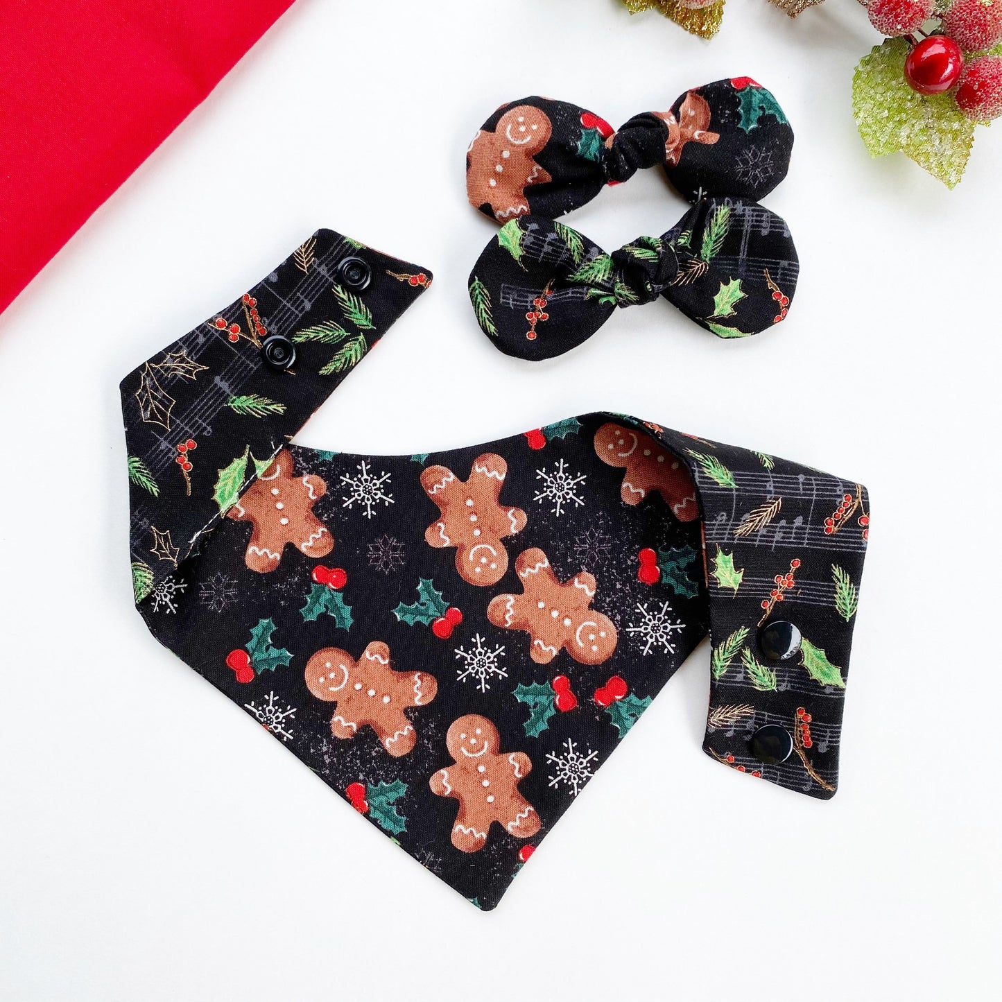 Christmas Gingerbread Dog Bandana, Reversible Snap-On Pet Accessory