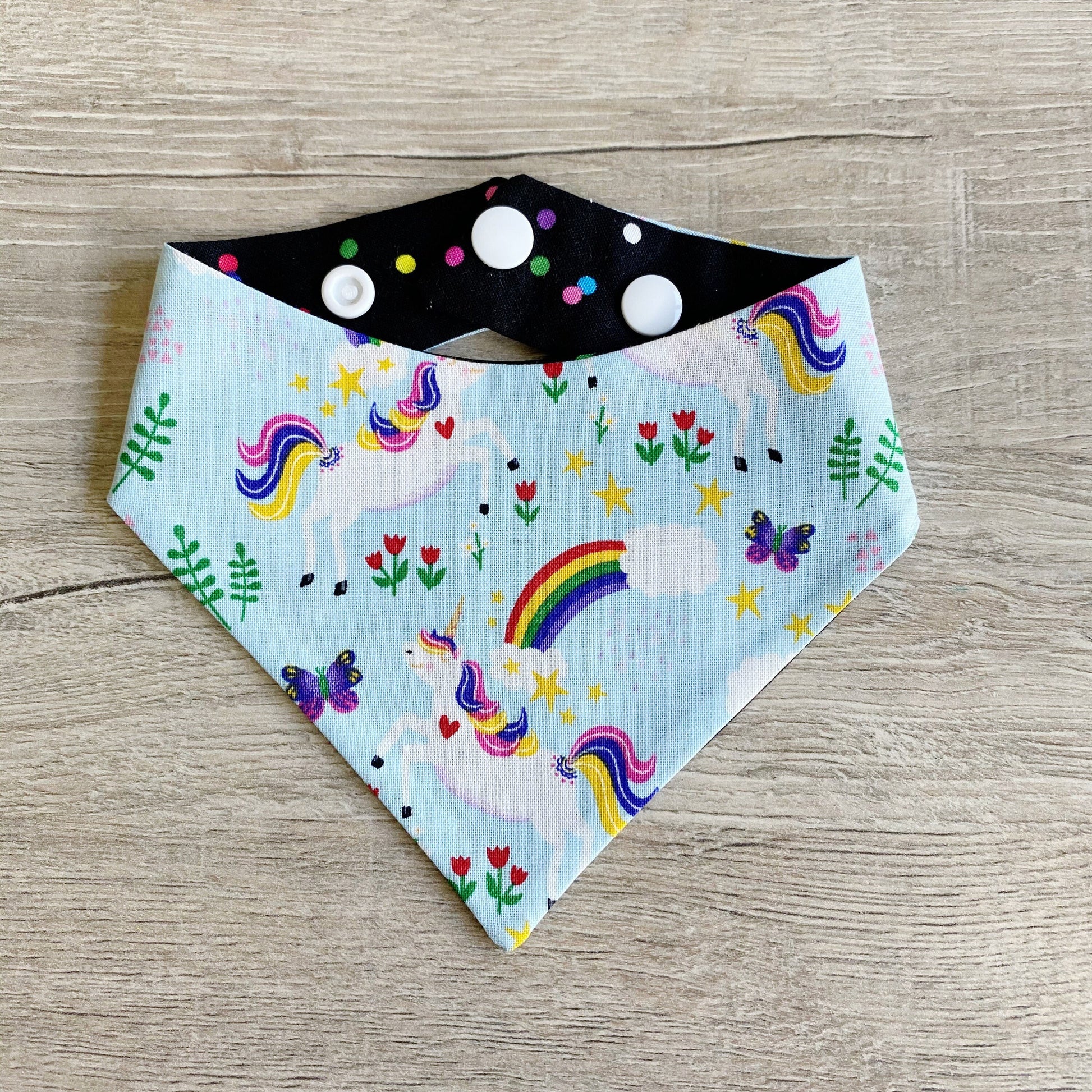 Rainbow Unicorn Dog Bandana, Reversible Snap Pet Scarf