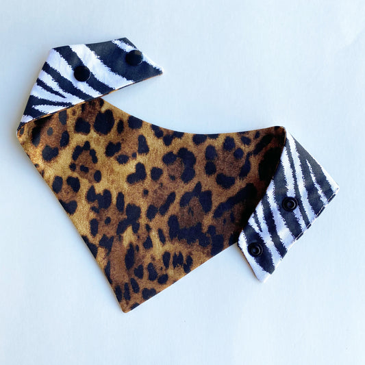 Reversible Leopard & Zebra Dog Bandana, Snap-On Pet Accessory