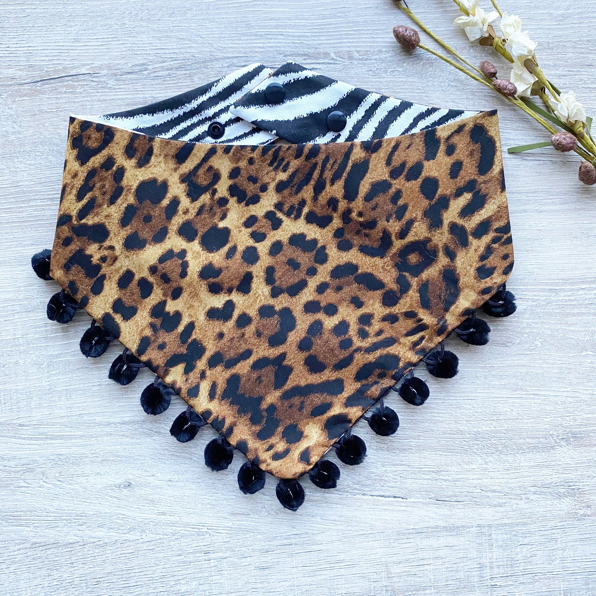 Reversible Leopard & Zebra Dog Bandana, Snap-On Pet Accessory