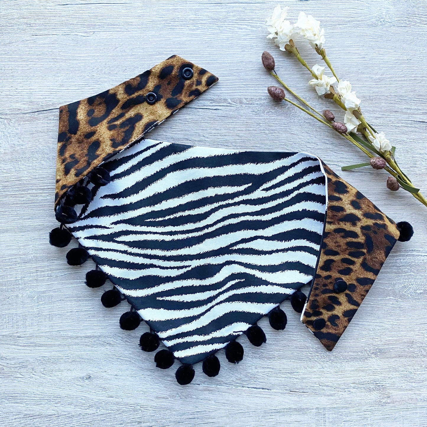 Reversible Leopard & Zebra Dog Bandana, Snap-On Pet Accessory