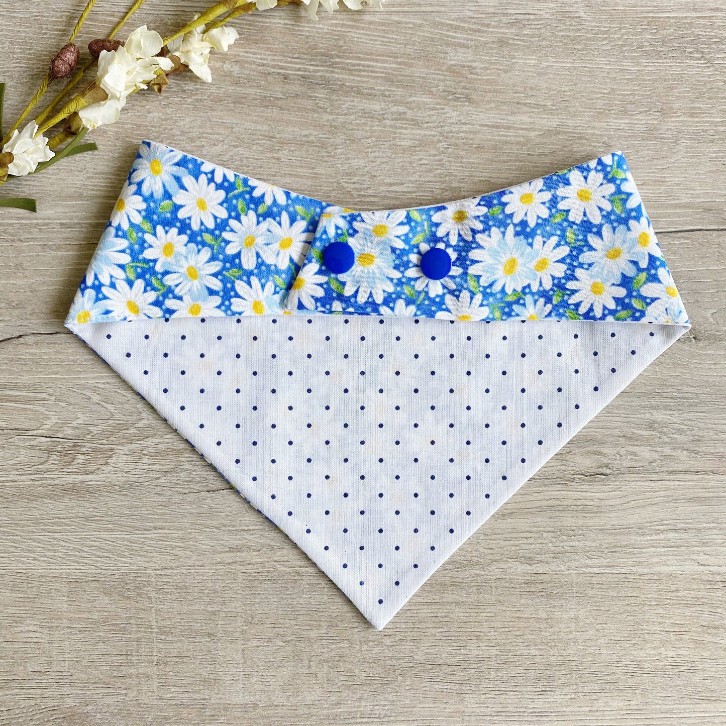 Daisy Flower Blue Dog Bandana, Reversible Pet Scarf, Snap or Tie