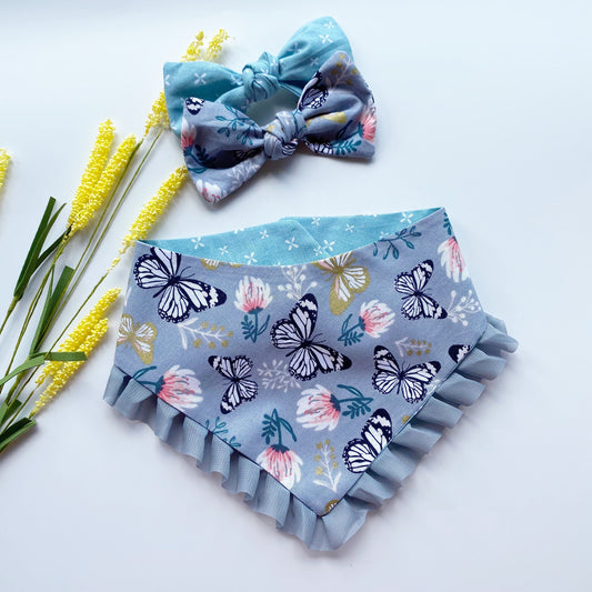 New! Floral Garden Butterfly, Spring Dog bandana with snaps, Matching hair-bow, Custom pet accessories, Puppy gift, Pet scarf