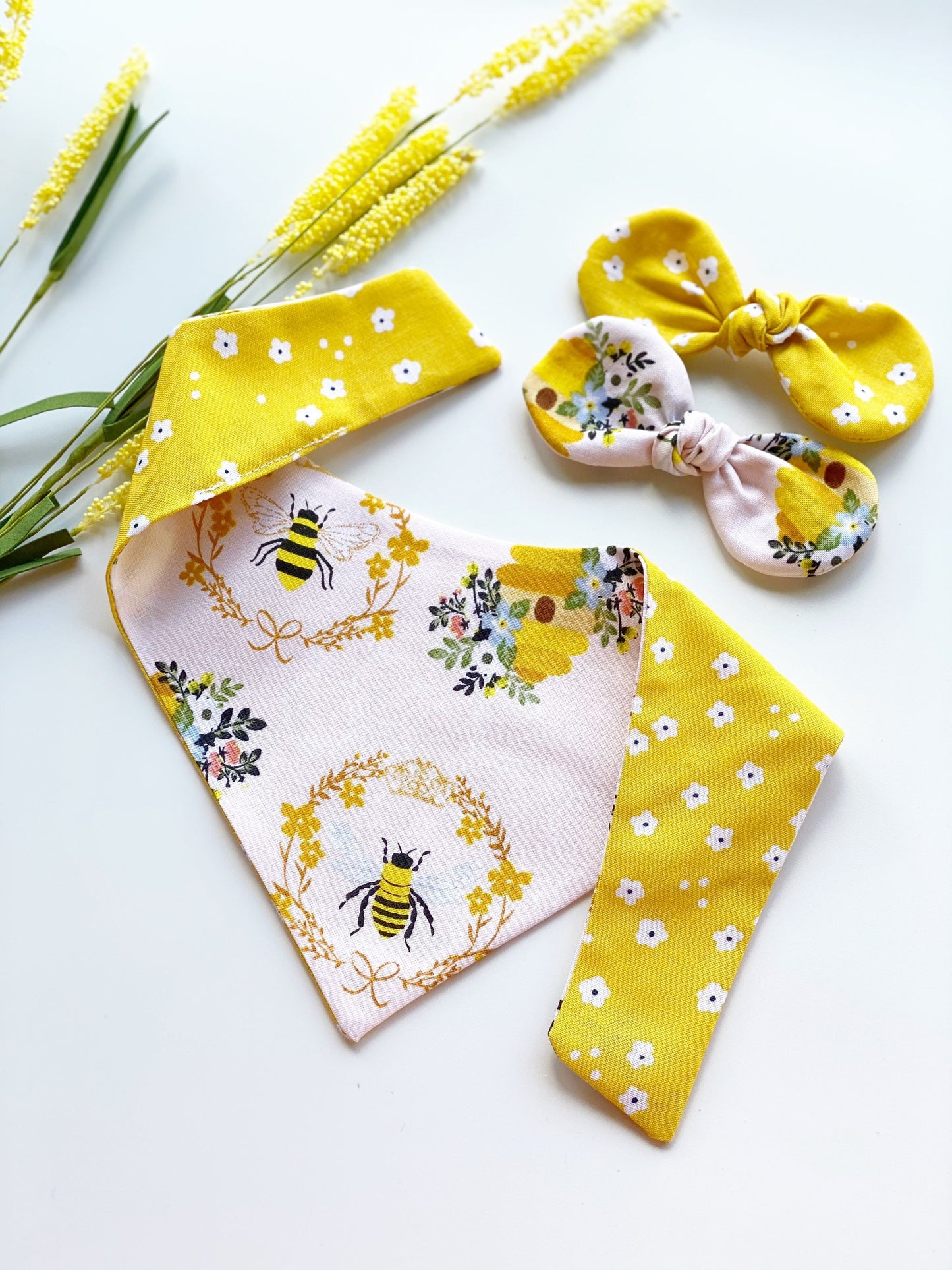 Honey Bee Dog Bandana, Floral Ruffle, Matching Hair Bow