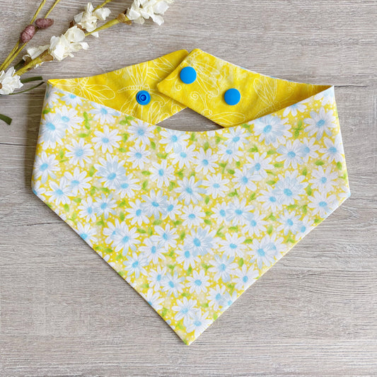 New! Daisy Flower yellow Dog Bandana, Pet Scarf, snaps on, tie on, Season bandana, Tassel bandana, pom pom bandana, pet bandana