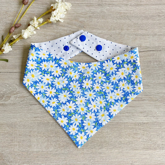 Daisy Flower Blue Dog Bandana, Reversible Pet Scarf, Snap or Tie