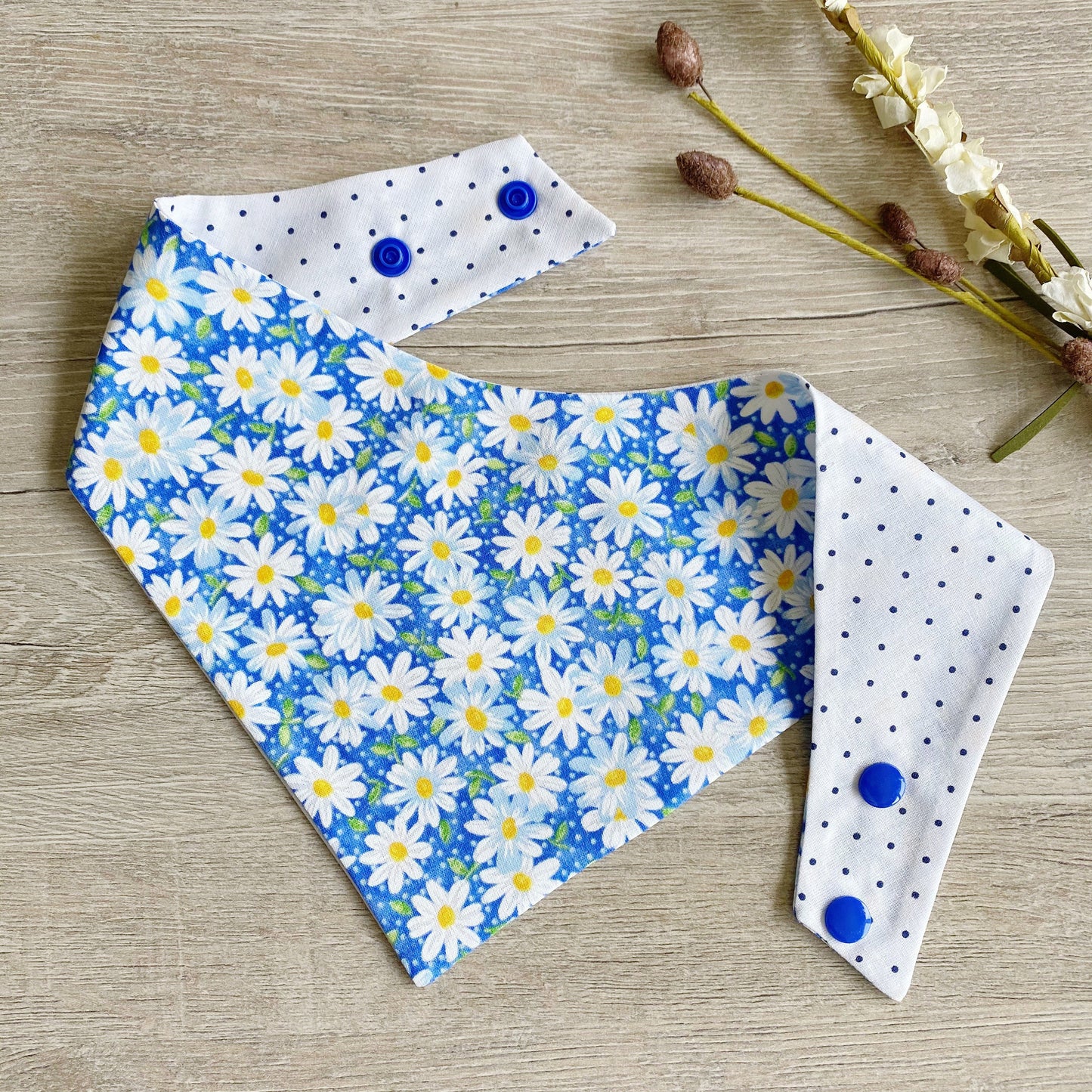 Daisy Flower Blue Dog Bandana, Reversible Pet Scarf, Snap or Tie