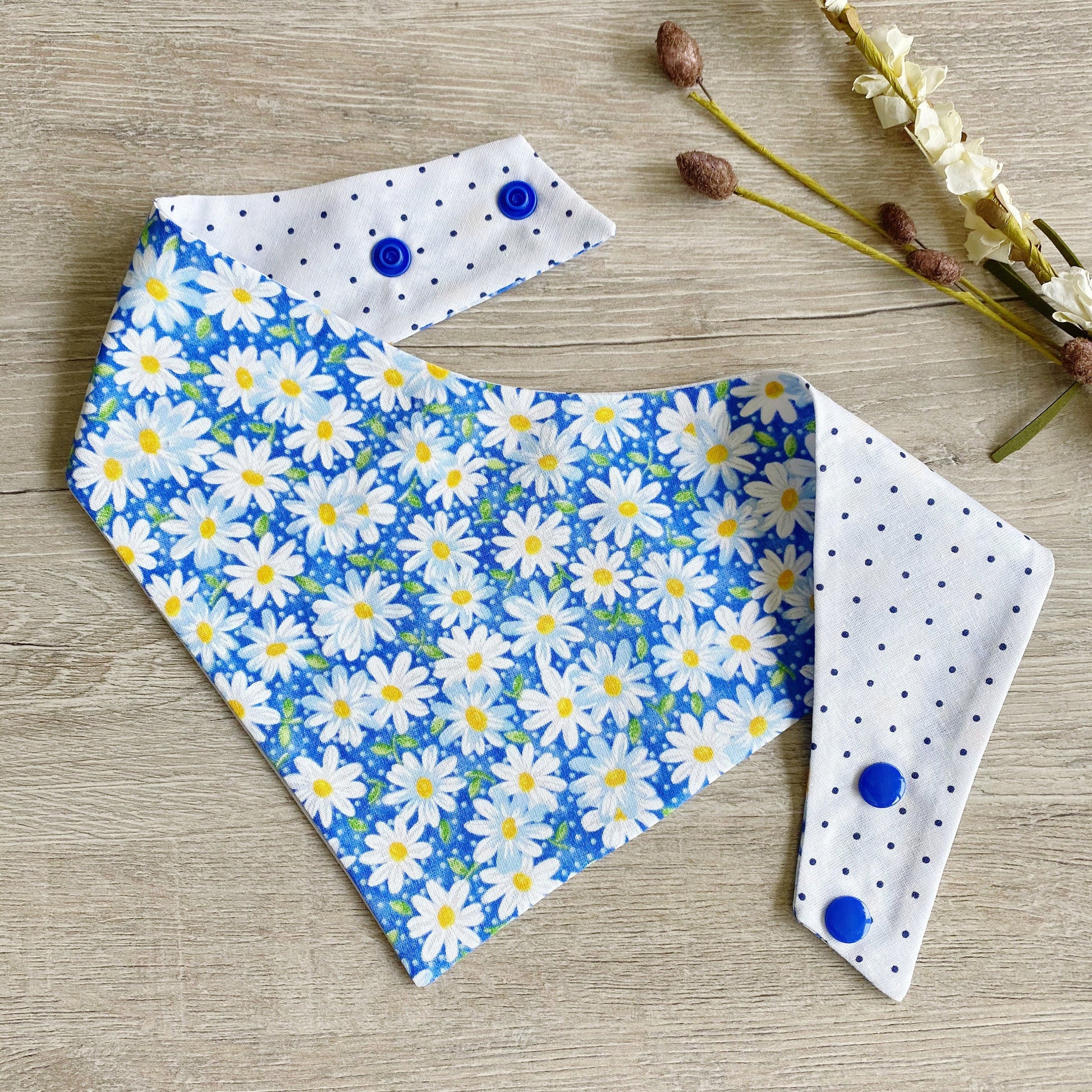 Daisy Flower Blue Dog Bandana, Reversible Pet Scarf, Snap or Tie