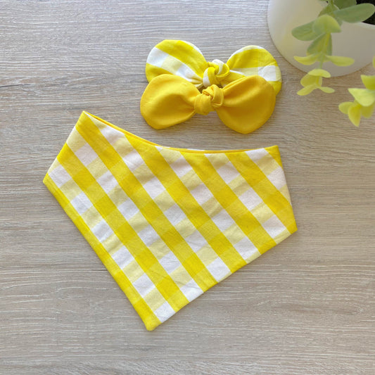 New! Yellow Gingham white, Spring Dog bandana, Snap on Bandana, Matching hair-bow, Bow and Bandana, Cute bandanas