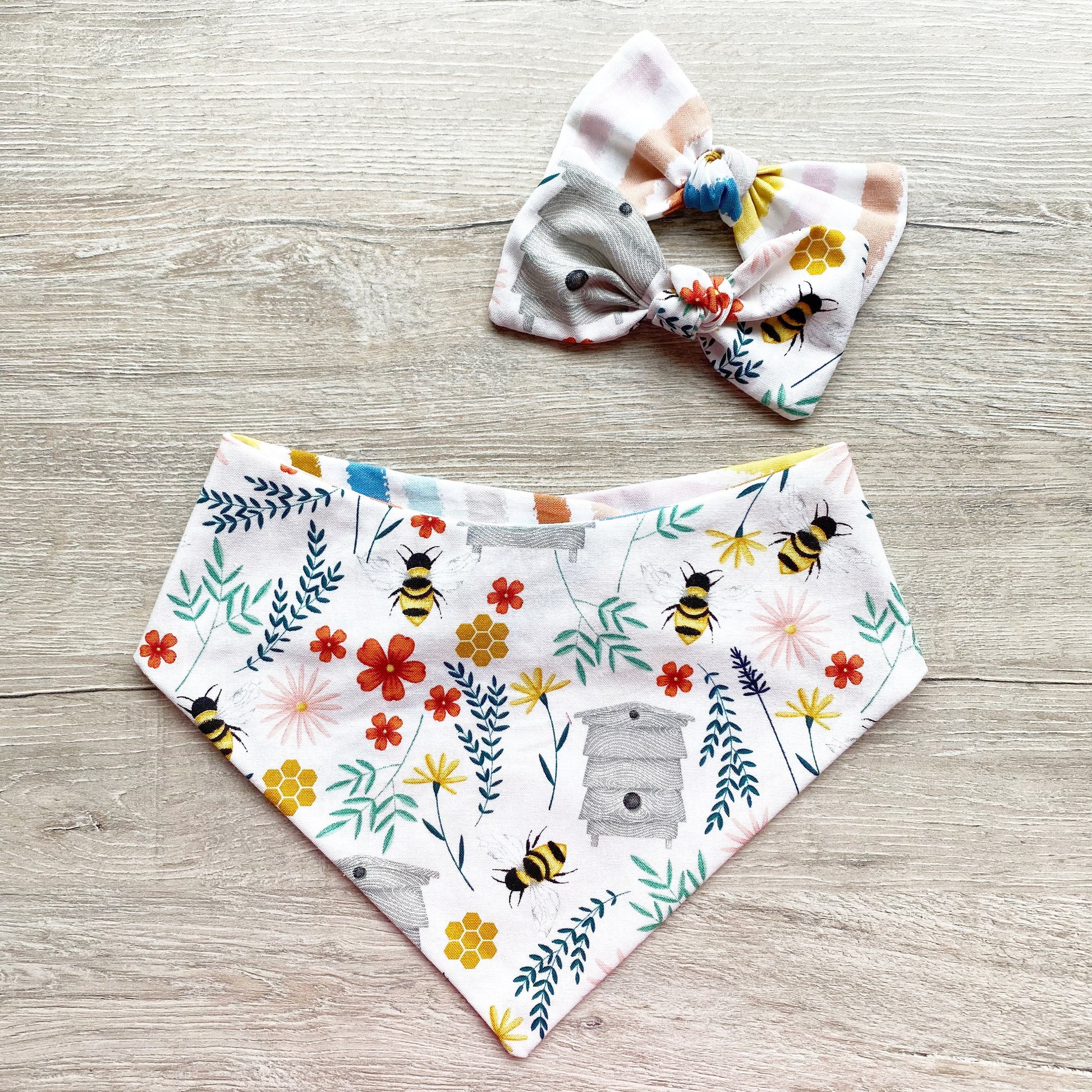Bee Hive Floral Dog Bandana with Snaps, Matching Hair Bow