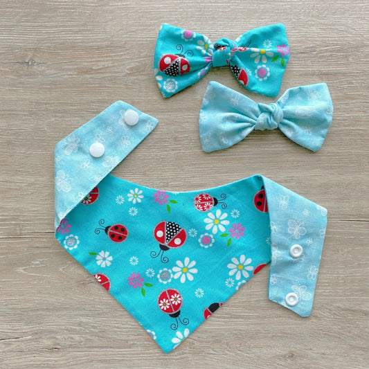 Flower Ladybug dog bandana, Spring Dog bandana, Snap on Bandana, Matching hair-bow, Bow and Bandana, Cute bandanas