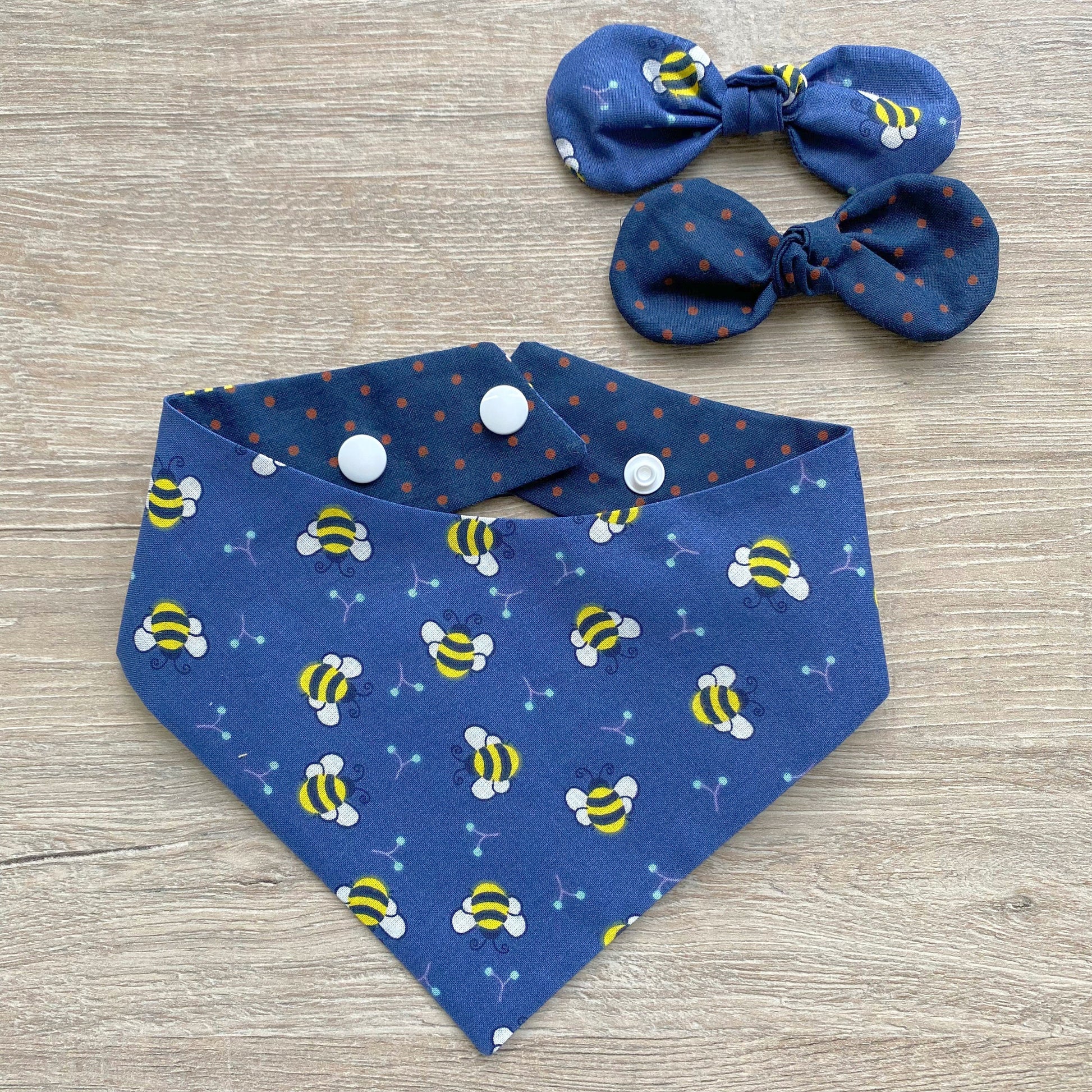 Lil Bees dog bandana, Spring Dog bandana, Snap on Bandana, Matching hair-bow, Bow and Bandana, Cute bandanas