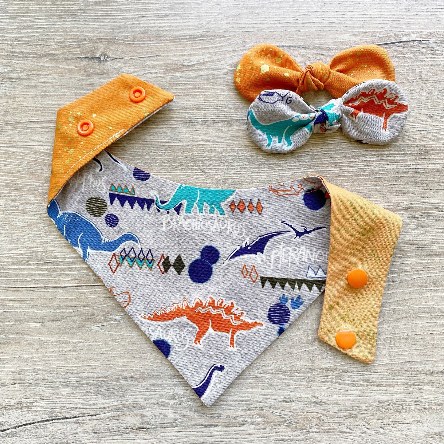 Dinosaur Dog Bandana, Snap On Reversible Pet Bandana, Hair Bow Set