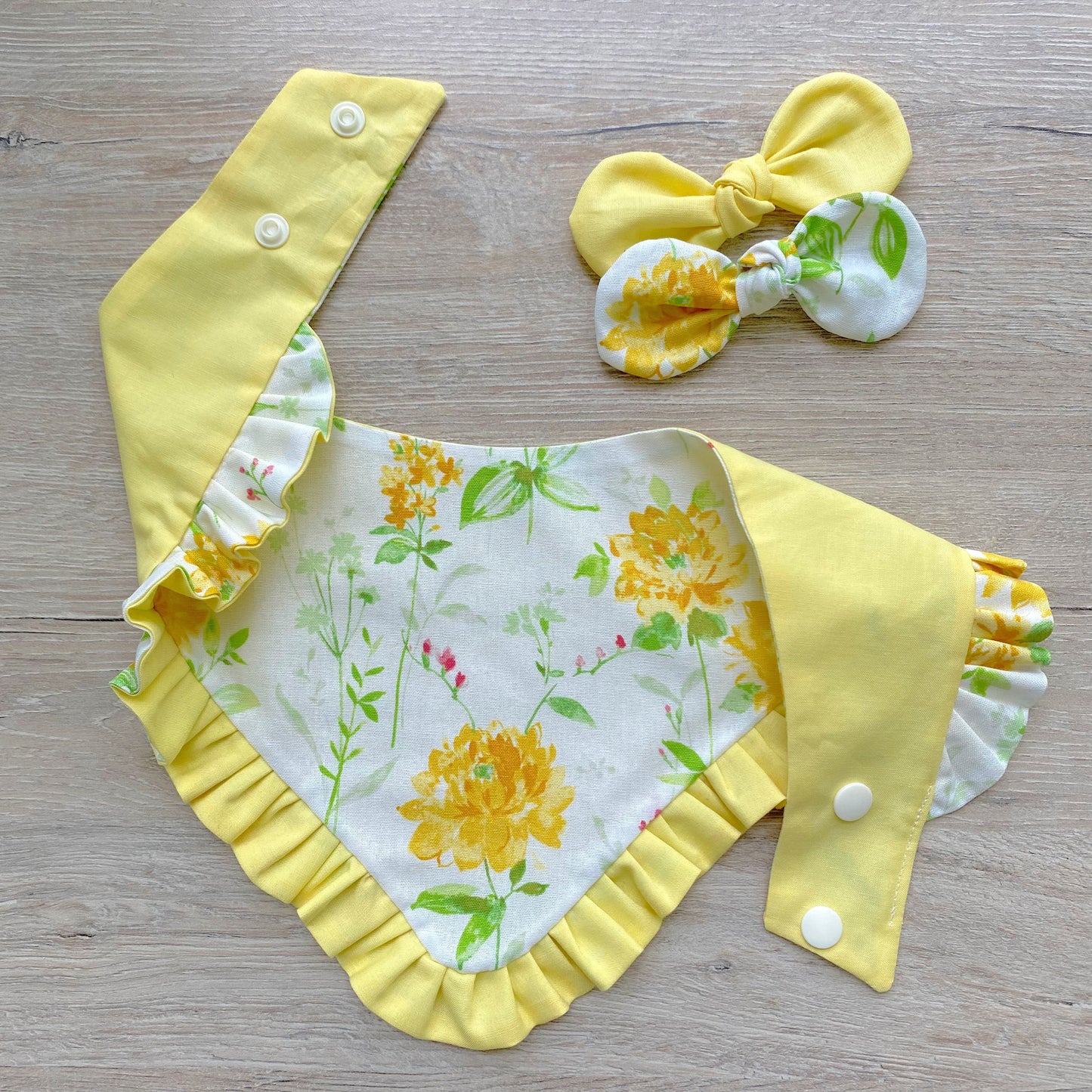 Yellow Flowers Dog Bandana with Ruffle, Matching Hair Bow