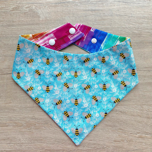 Glitter Bumble Bee Dog Bandana, Snap On, Reversible Summer Bandana