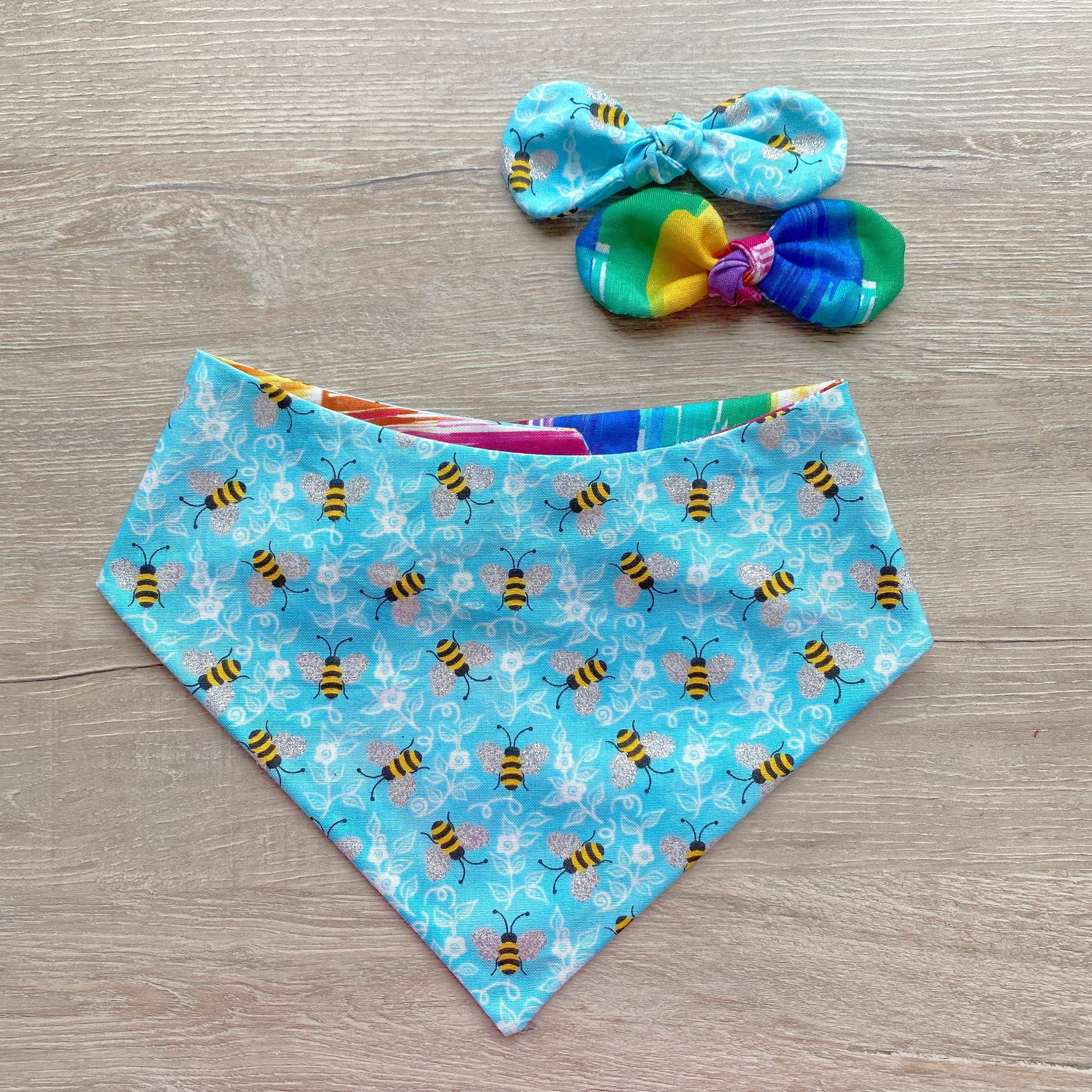 Glitter Bumble Bee Dog Bandana, Snap On, Reversible Summer Bandana