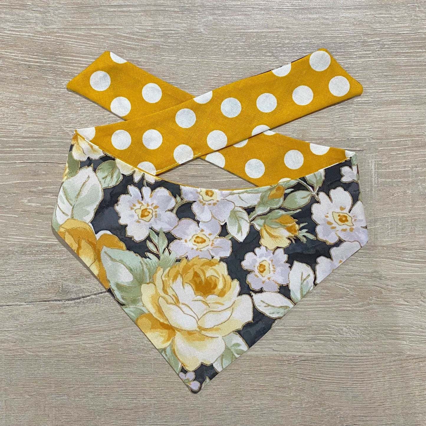 Reversible Dog Bandana, Yellow Floral & Polka Dot, Snap or Tie
