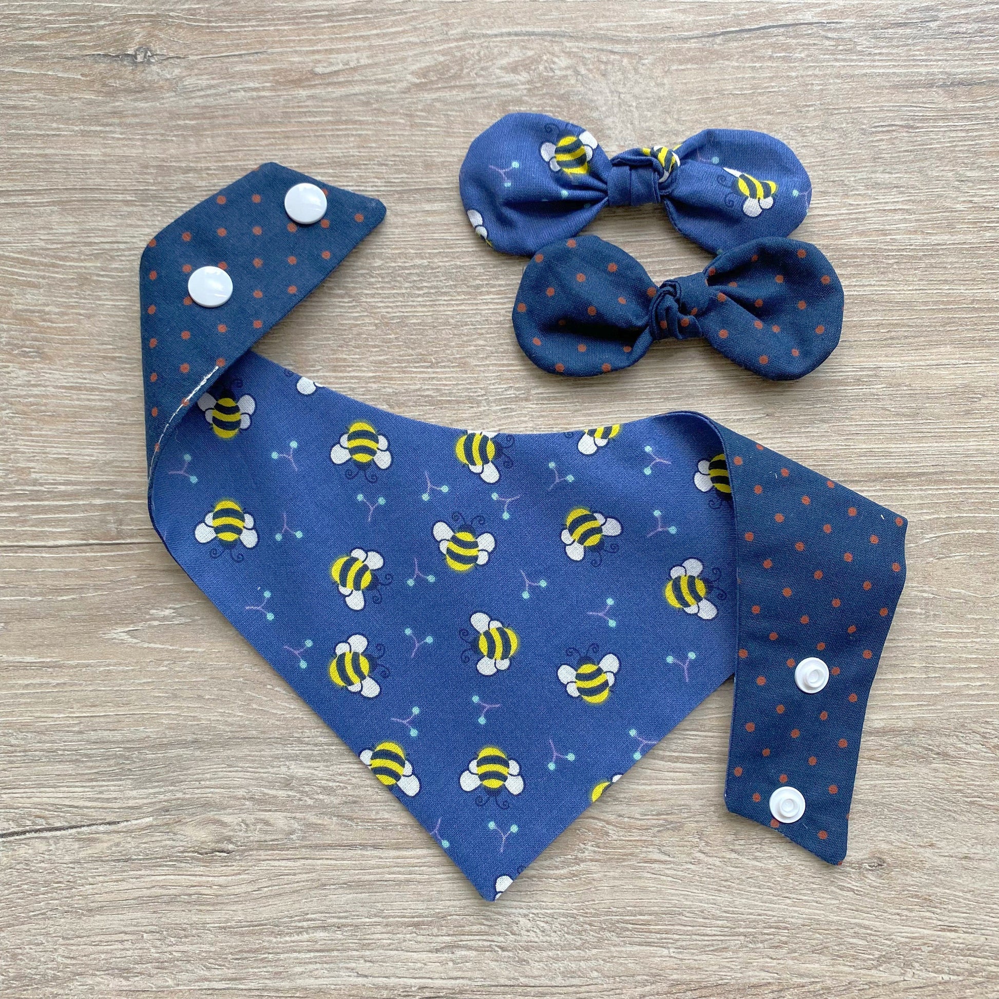 Lil Bees dog bandana, Spring Dog bandana, Snap on Bandana, Matching hair-bow, Bow and Bandana, Cute bandanas