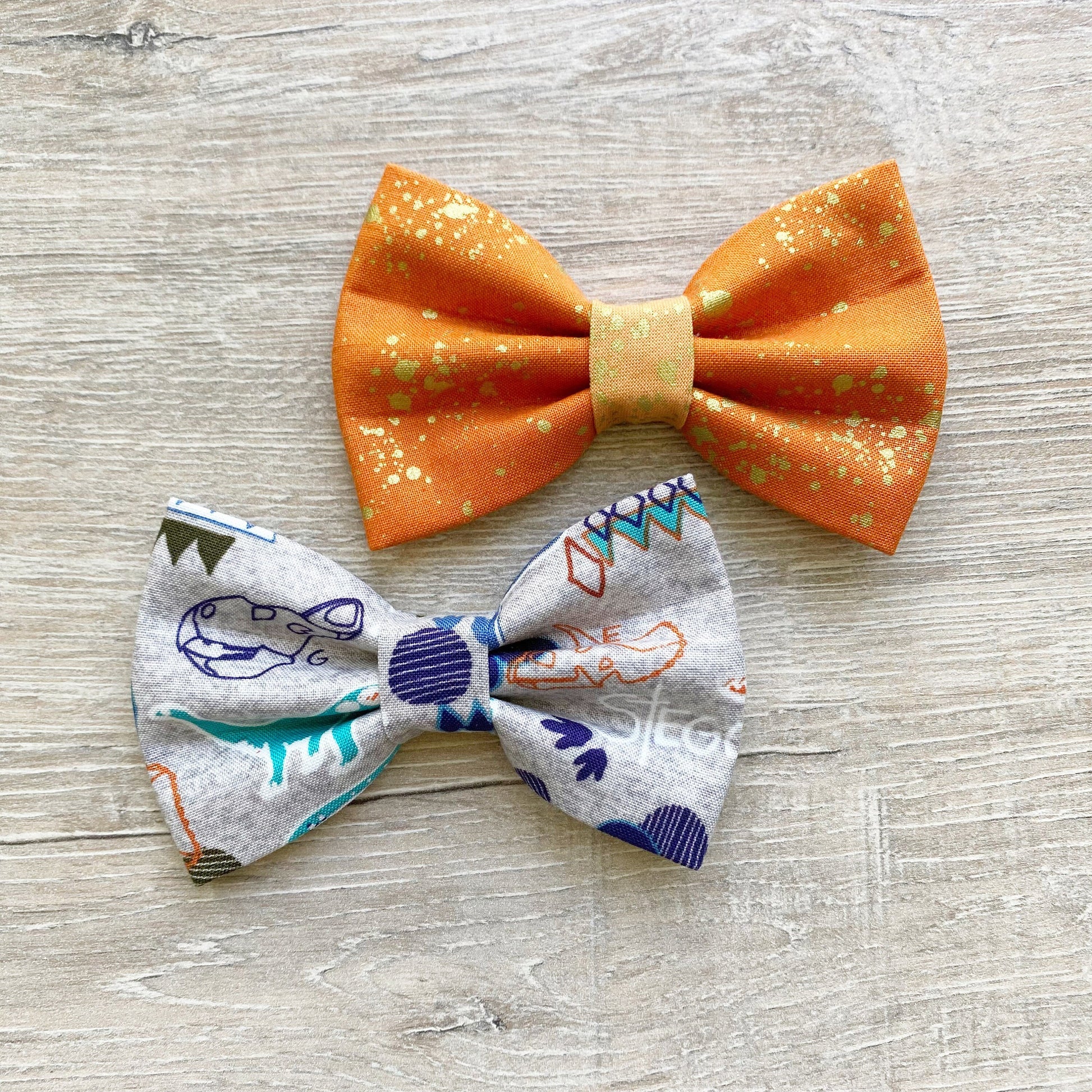 Dinosaur & Orange Dog Bowtie, Cotton Pet Collar Attachment
