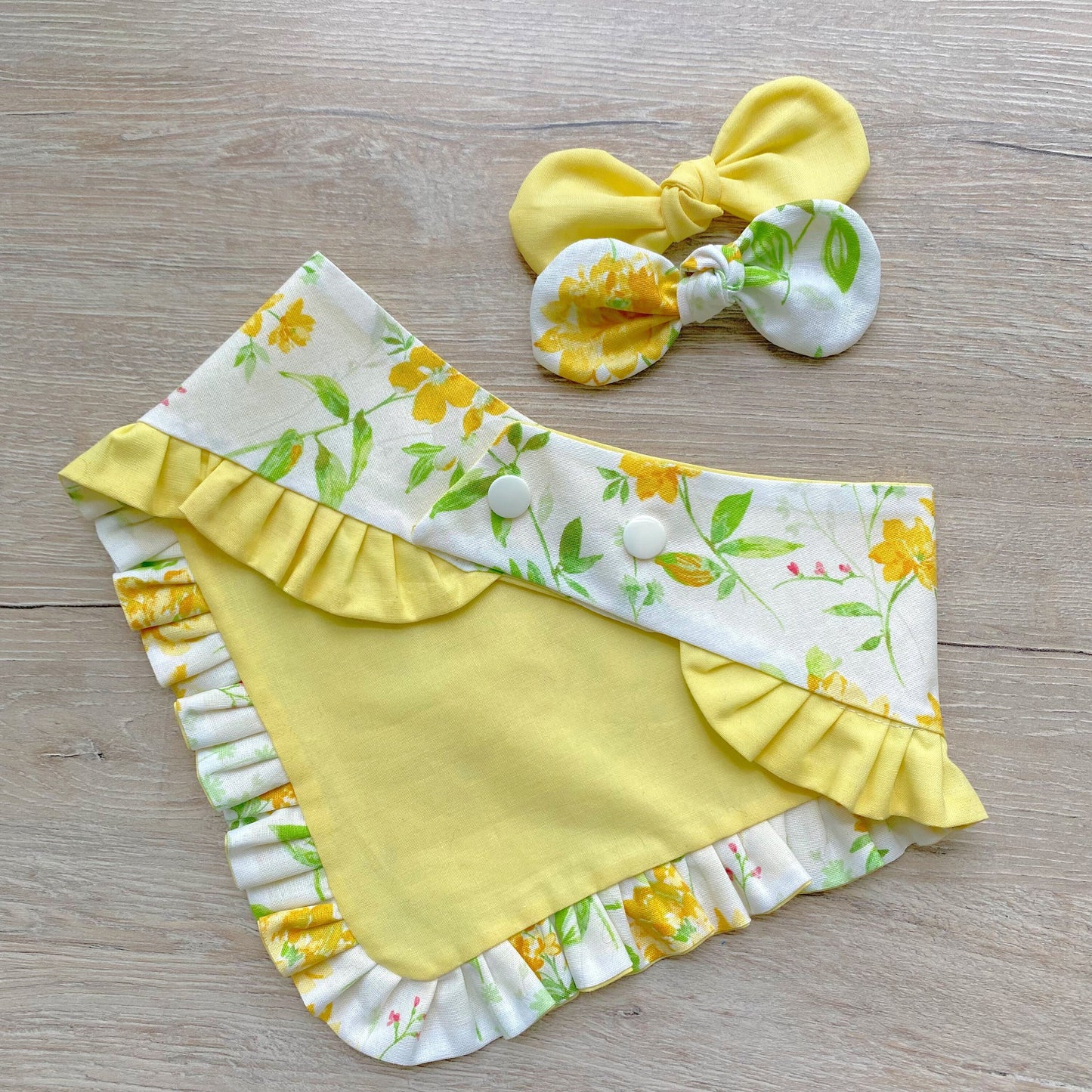 Yellow Flowers Dog Bandana with Ruffle, Matching Hair Bow