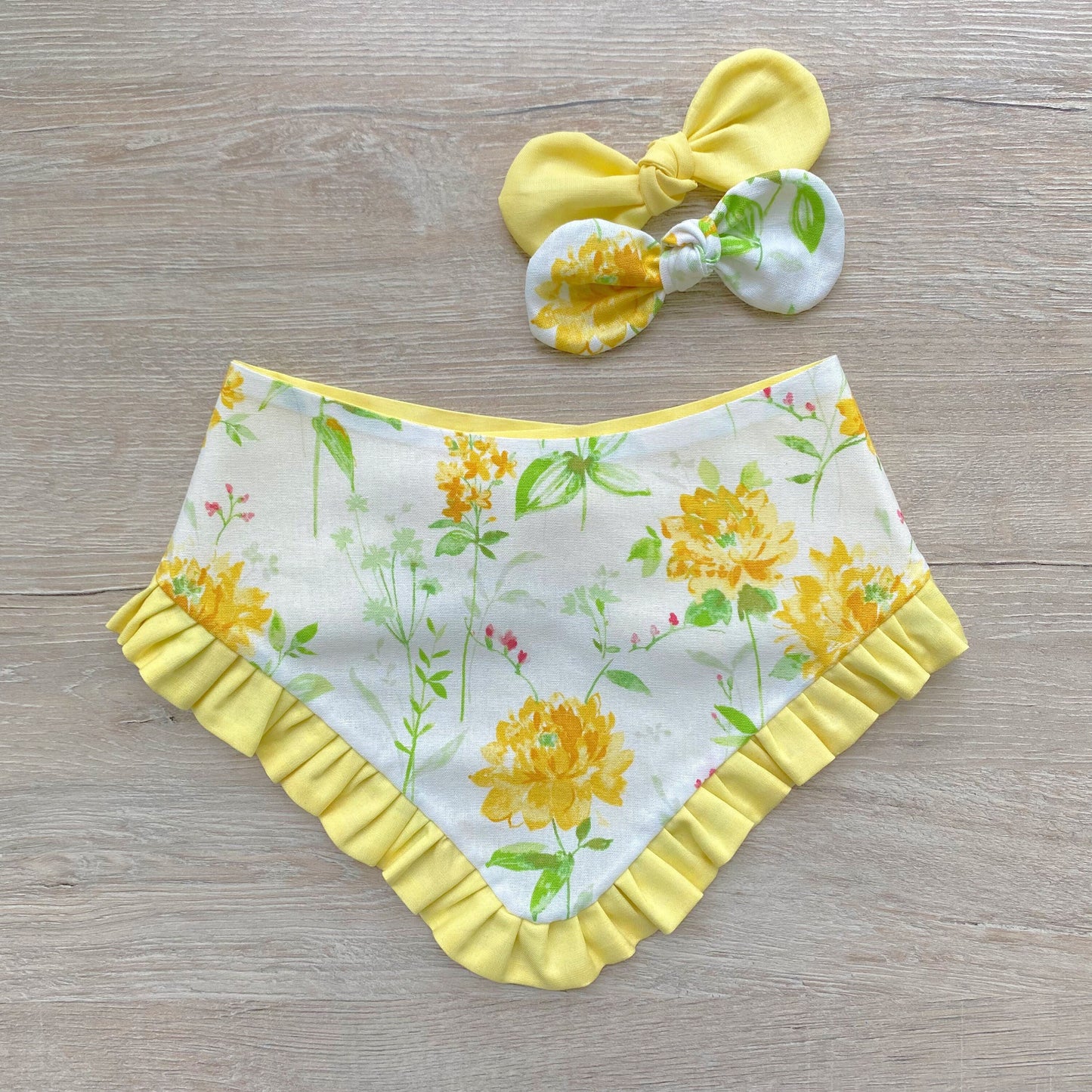 Yellow Flowers Dog Bandana with Ruffle, Matching Hair Bow
