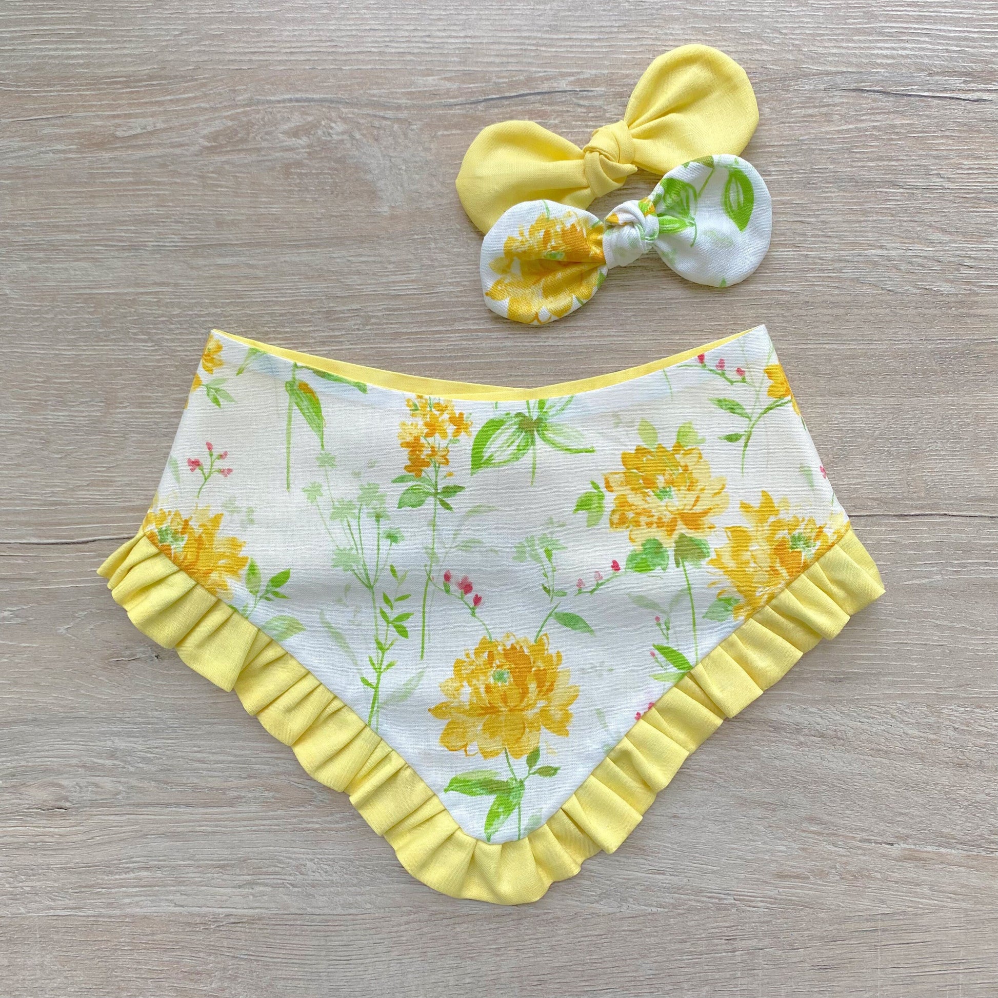 Yellow Flowers Dog Bandana with Ruffle, Matching Hair Bow