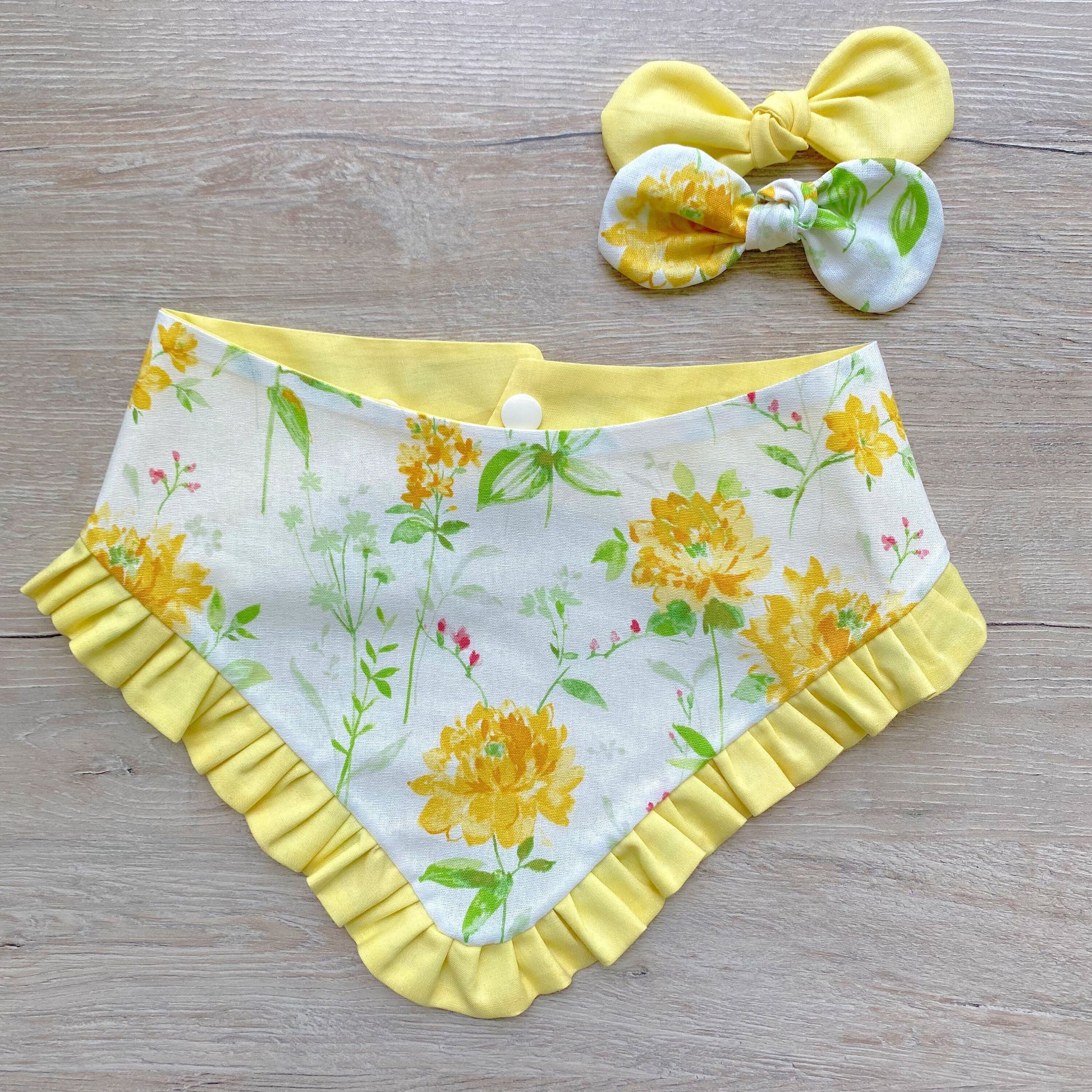 Yellow Flowers Dog Bandana with Ruffle, Matching Hair Bow