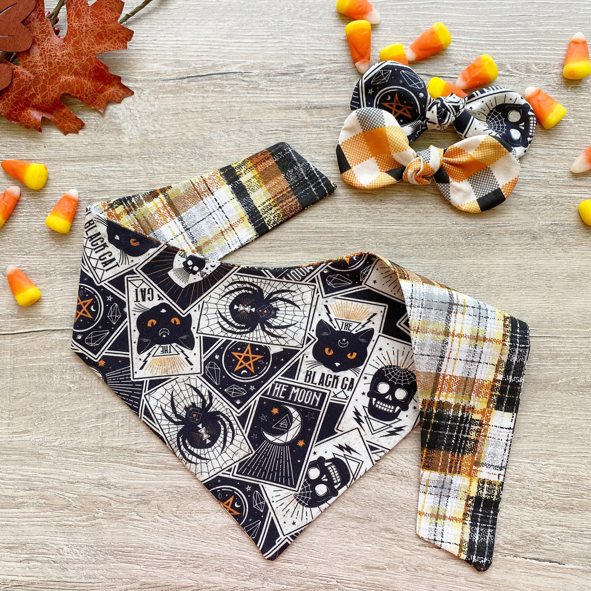 Halloween Dog Bandana, Tarot Cards, Orange Plaid, Snap-On Bow