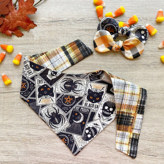 Halloween Dog Bandana, Tarot Cards, Orange Plaid, Snap-On Bow
