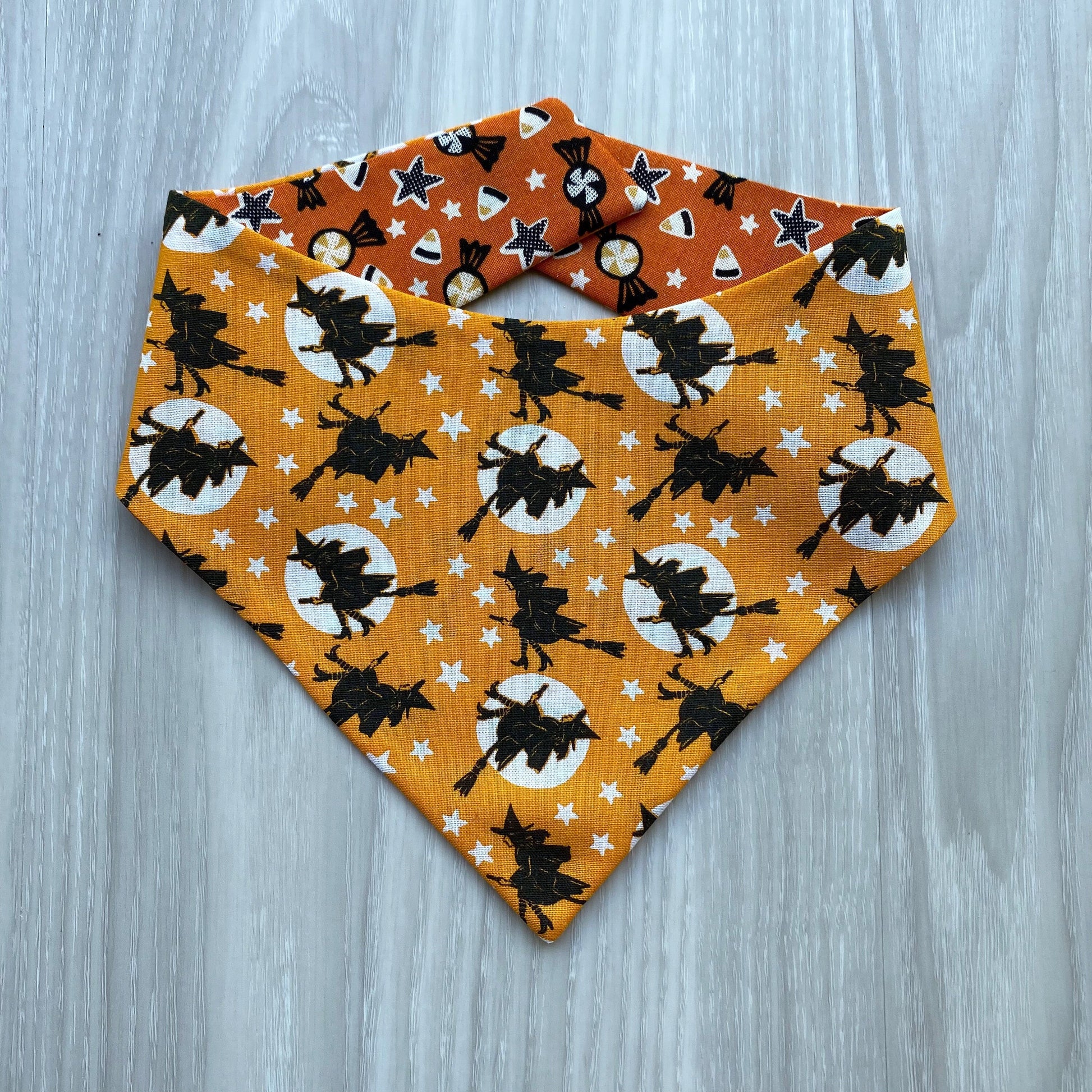 Halloween Dog bandana, Witch on a broom and candy corn, Dog bandana, Snap on Bandana, Matching hair-bow, Bow and Bandana, Hair Scrunchies